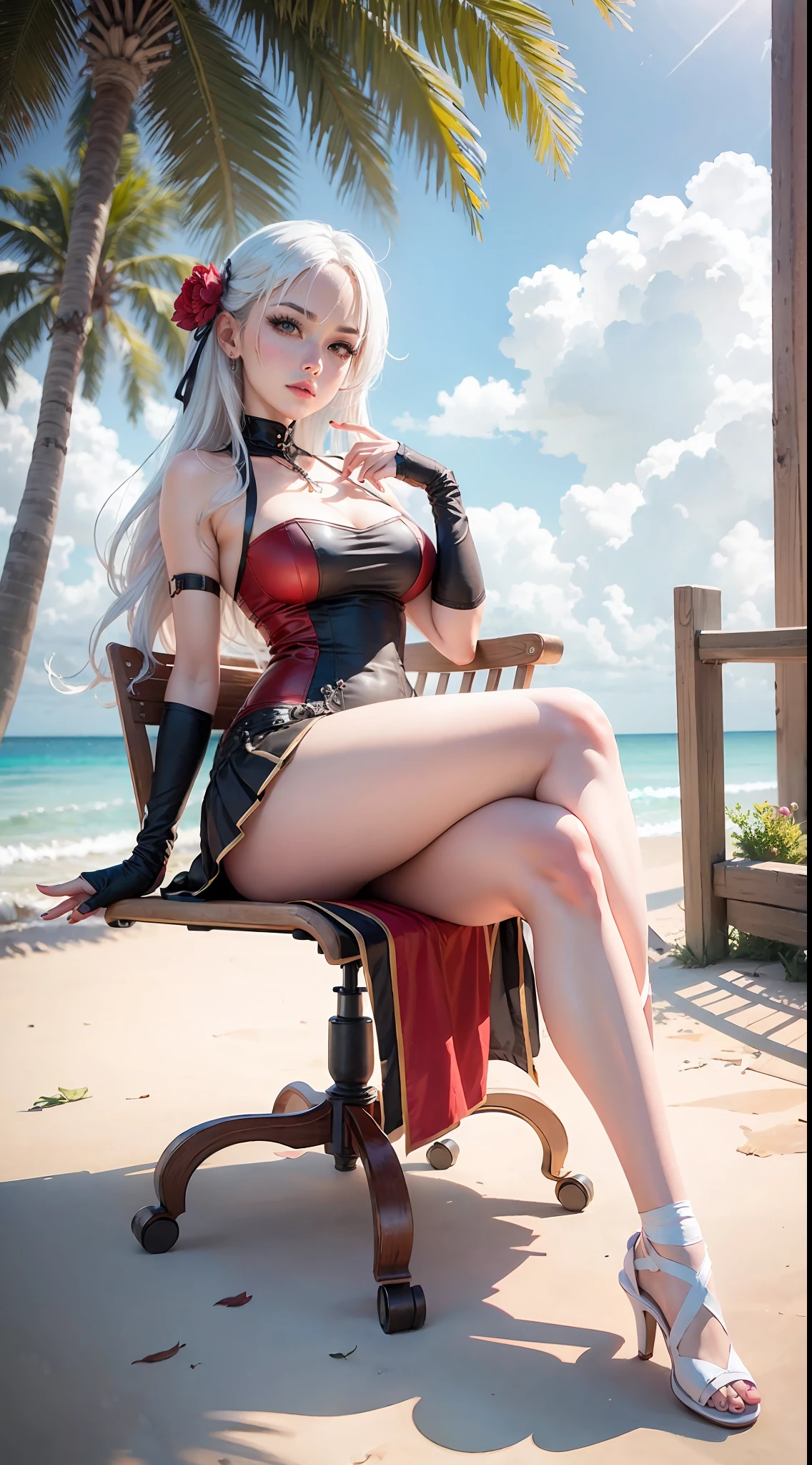 Blonde woman in black and red dress sitting on a chair by the beach, 2 b, 2b, Anime girl cosplay, Tifa Lockhart with white hair, White-haired, Sexy :8, white haired Cangcang, from girls frontline, full-body xianxia, By Leng Mei, Anime cosplay, Shot on Canon EOS R 6, author：Shitao