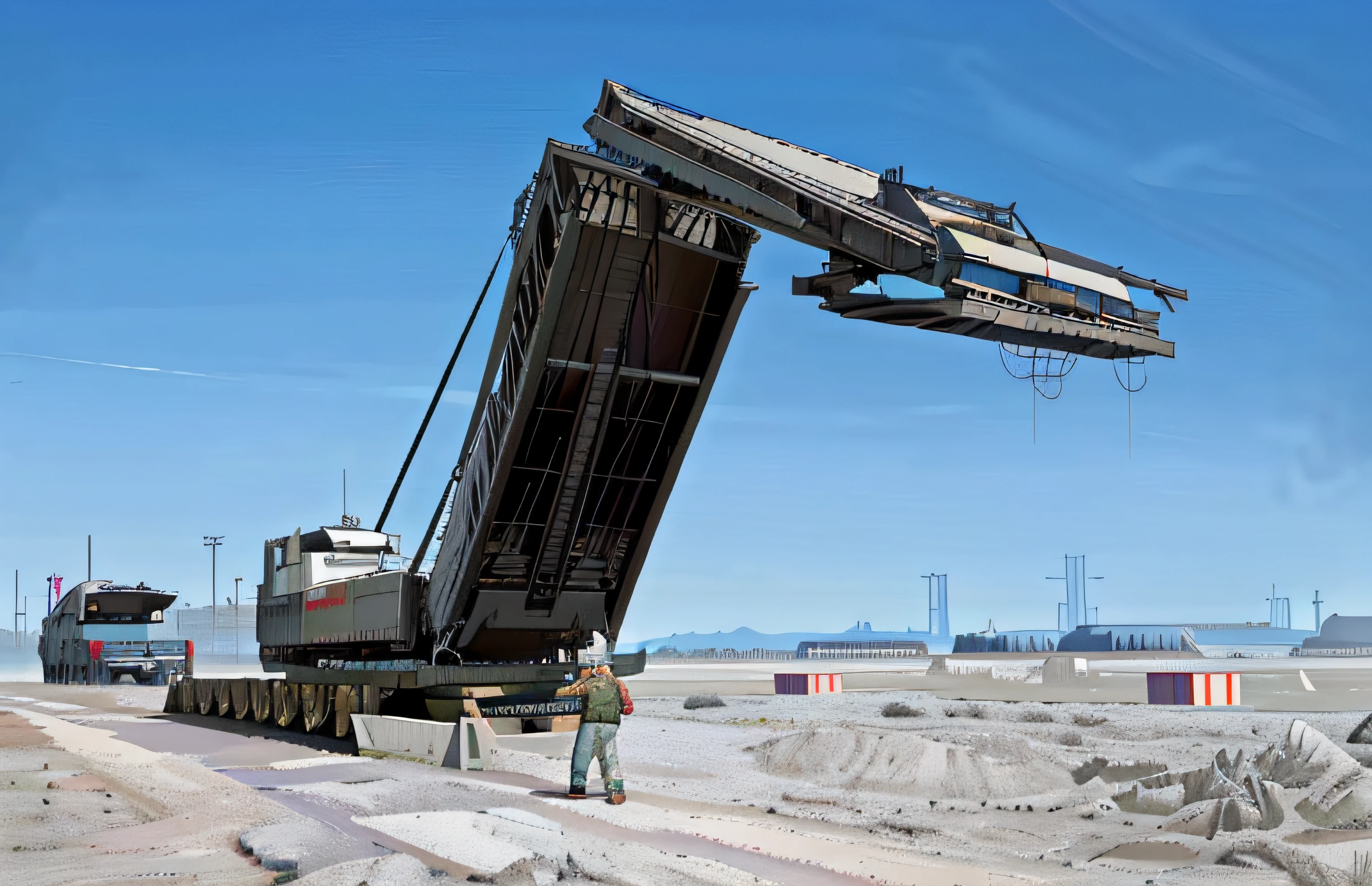 There is a large crane that is lifting trucks across the road, military carrier rig, A big, himars, Military, massive construction machines, spaceship in a dry river bed, bridge, Mechanical superstructure, the photo shows a large, Sense of scale, depiction, A massive, dramatic artwork, Accurate depiction, gigantic landing pad, highly realistic”