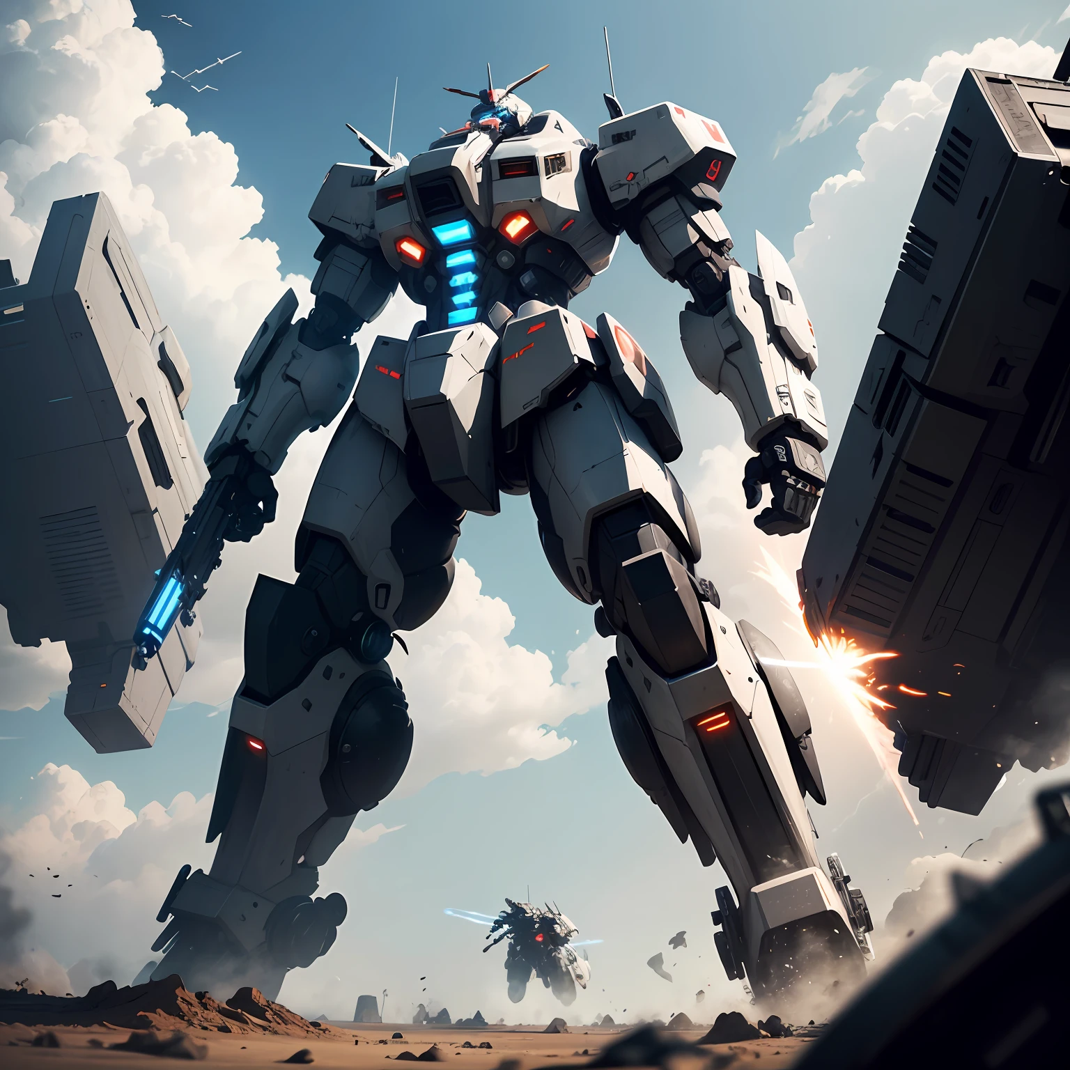 Huge black mechs and white mechs punch 1 in the air.2，cyber punk perssonage，Fly in the air，8K，the detail，Steel texture，Sense of oppression，Mechanicalweapon，with blue sky and white clouds，well-illuminated，Air combat，Heavy mech