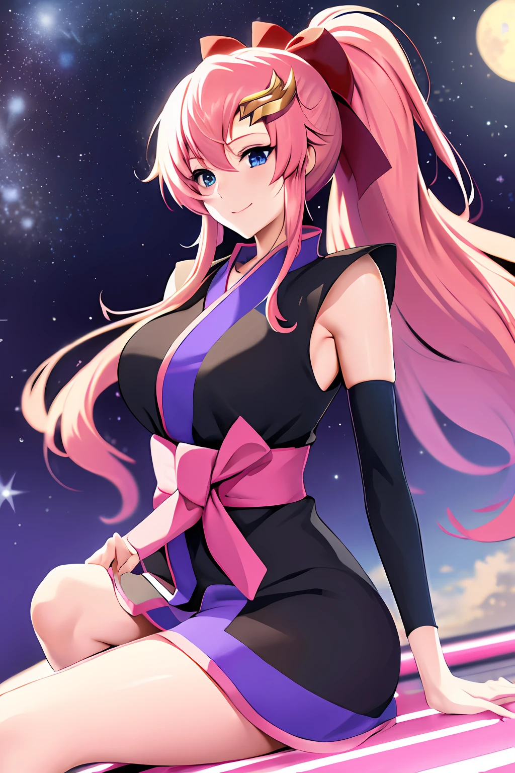 masterpiece, best quality, highres, lacus3, 1girl, solo, lacus3, pink hair, short kimono, blue eyes, hair ornament, very long hair, black sleeves, sleeveless, japanese clothes, bow, black kimono, hair bow, ponytail, floating hair, hair between eyes, large breasts, sitting, seat, spaceship, smile, armpit,