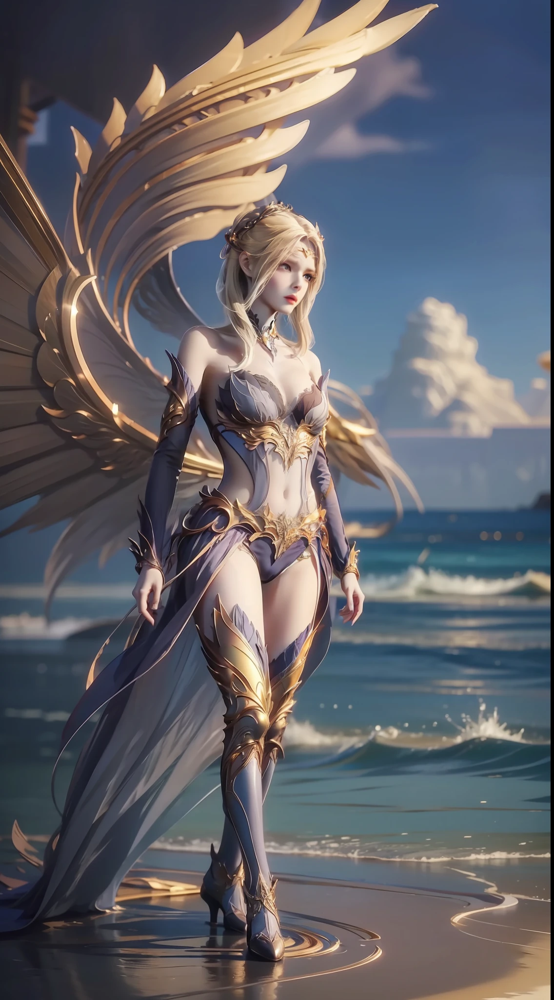 ((high qulity)), ((tmasterpiece)), 8K, Standing in the sea,There is a pair of large golden wings,Frontal photo