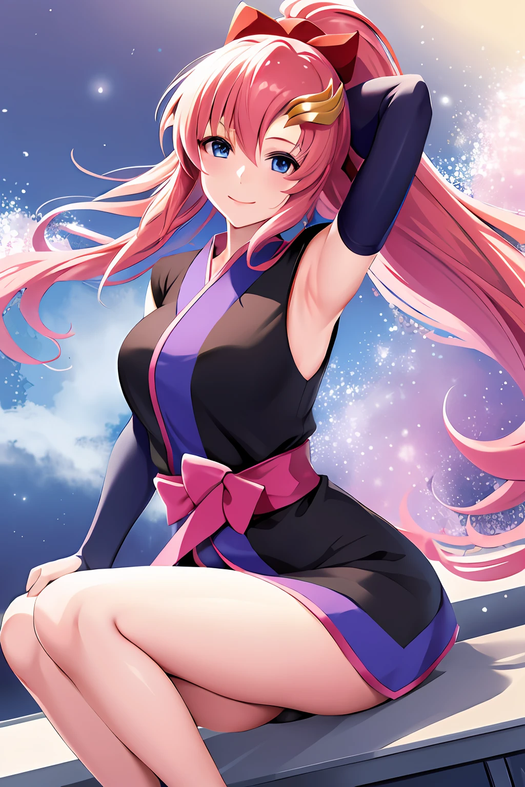masterpiece, best quality, highres, lacus3, 1girl, solo, lacus3, pink hair, short kimono, blue eyes, hair ornament, very long hair, black sleeves, sleeveless, japanese clothes, bow, black kimono, hair bow, ponytail, floating hair, hair between eyes, large breasts, sitting, seat, spaceship, smile, armpit,