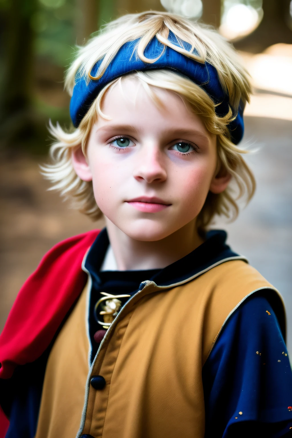 Arafed boy with a blue hat and a red jacket, Retrato do escravo loiro , jovem guerreiro de fantasia menino loiro, Retrato de um jovem pirata, Menino loiro com olhos amarelos, vestidos com roupas medievais, menino loiro, Retrato de um jovem mago elfo, Retrato no meio da foto, renaissance prince, inspirado por Simon de Vlieger, cavanhaque loiro pequeno