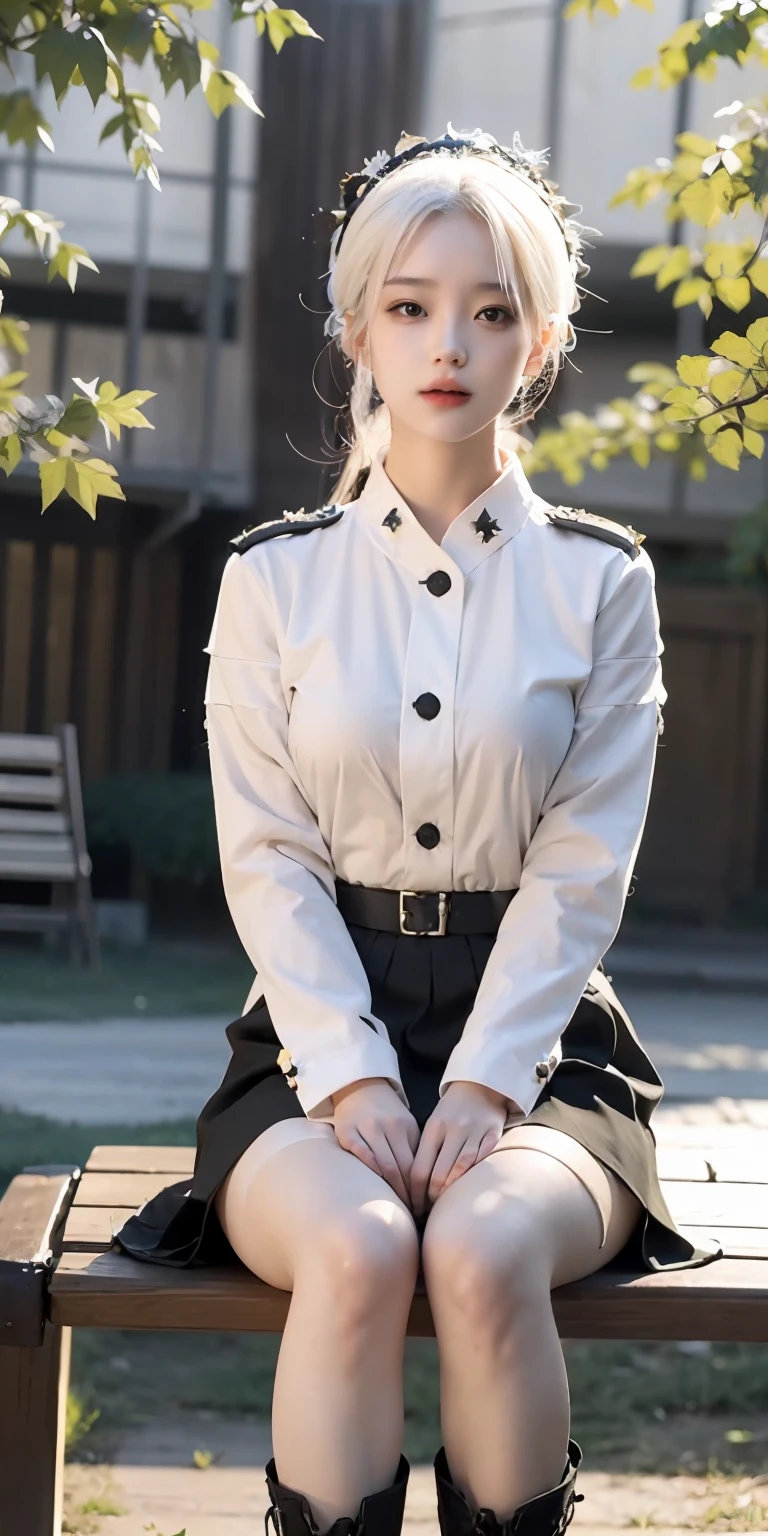 Soldiers, beautifull face, Wearing a combat uniform, Wearing a soldier's hat, Wearing state-of-the-art military equipment, White hair, girly, Wearing a short skirt, black coat, Boots above the knee, Maple leaf, Maple Forest, evening, Sitting on a bench.., In the Park, natta, Anatomically accurate., textured skin, Masterpiece, ccurate, High Quality, High Detail, super detaill, Best Quality, high resolucion, 16 k, UHD, 1Girl, mix4, Black stockings,