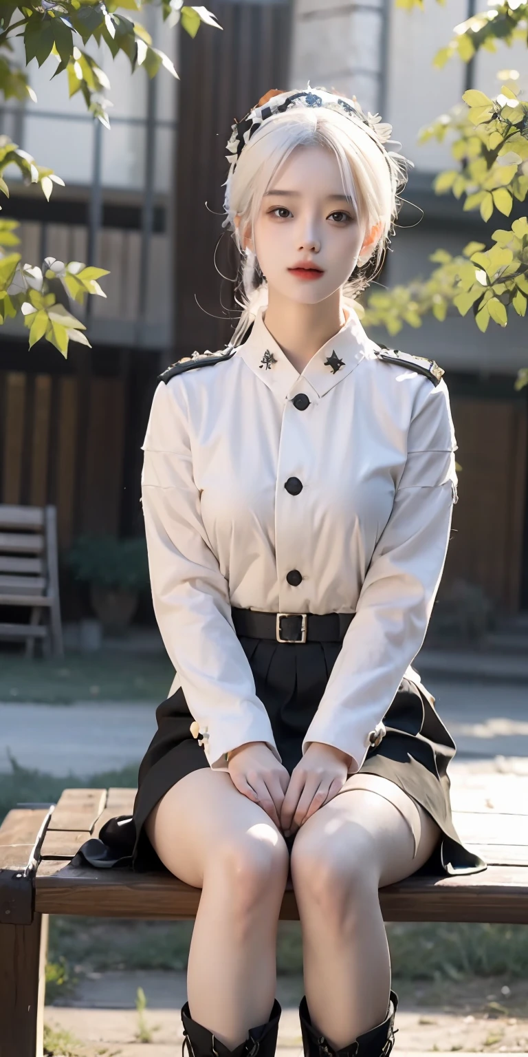 Soldiers, beautifull face, Wearing a combat uniform, Wearing a soldier's hat, Wearing state-of-the-art military equipment, White hair, girly, Wearing a short skirt, black coat, Boots above the knee, Maple leaf, Maple Forest, evening, Sitting on a bench.., In the Park, natta, Anatomically accurate., textured skin, Masterpiece, ccurate, High Quality, High Detail, super detaill, Best Quality, high resolucion, 16 k, UHD, 1Girl, mix4, Black stockings,