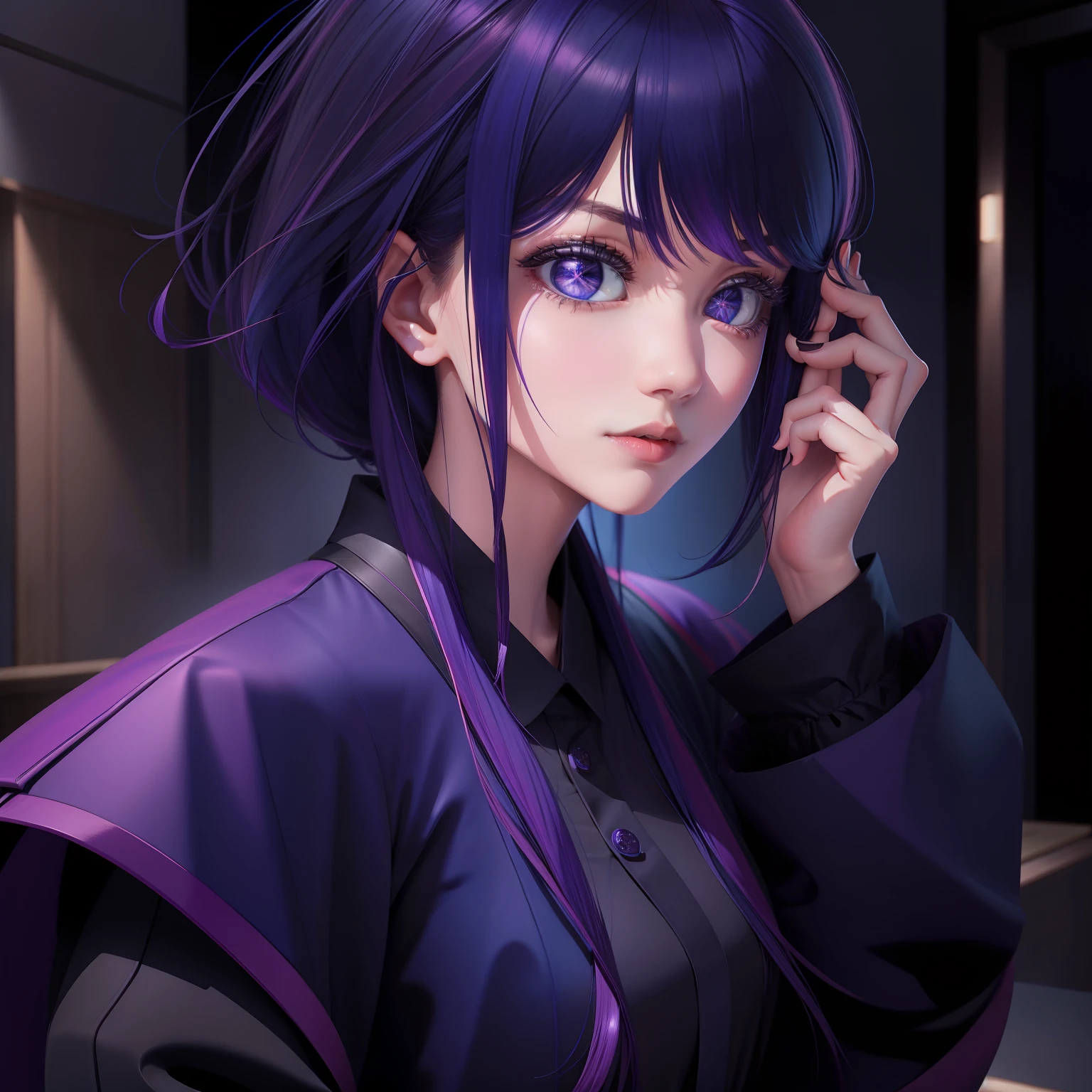 blueneyes,Black and purple hair,Short Korean hair,tmasterpiece,Beautuful Women,idoly,