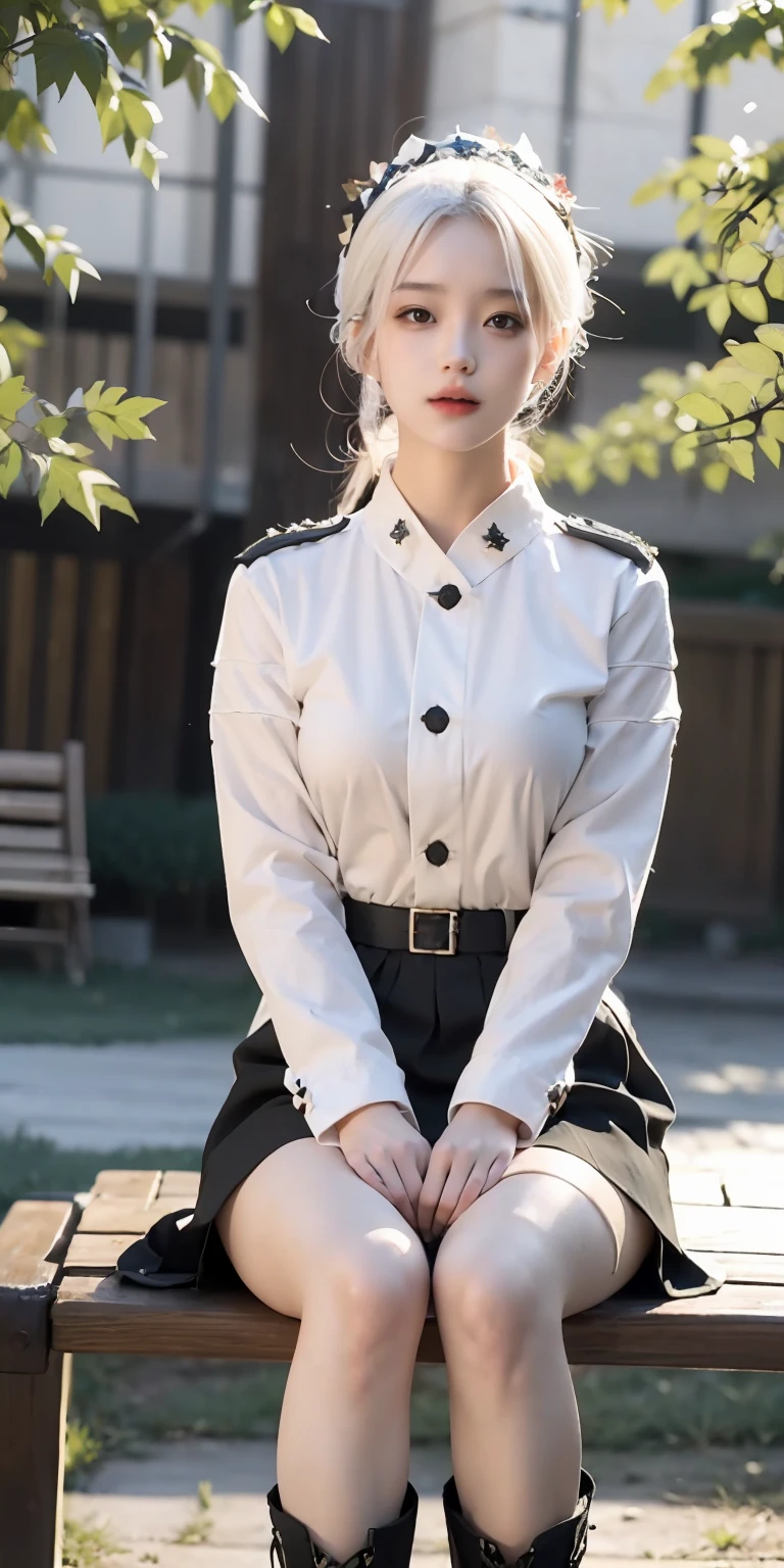 Soldiers, beautifull face, Wearing a combat uniform, Wearing a soldier's hat, Wearing state-of-the-art military equipment, White hair, girly, Wearing a short skirt, black coat, Boots above the knee, Maple leaf, Maple Forest, evening, Sitting on a bench.., In the Park, natta, Anatomically accurate., textured skin, Masterpiece, ccurate, High Quality, High Detail, super detaill, Best Quality, high resolucion, 16 k, UHD, 1Girl, mix4, Black stockings,