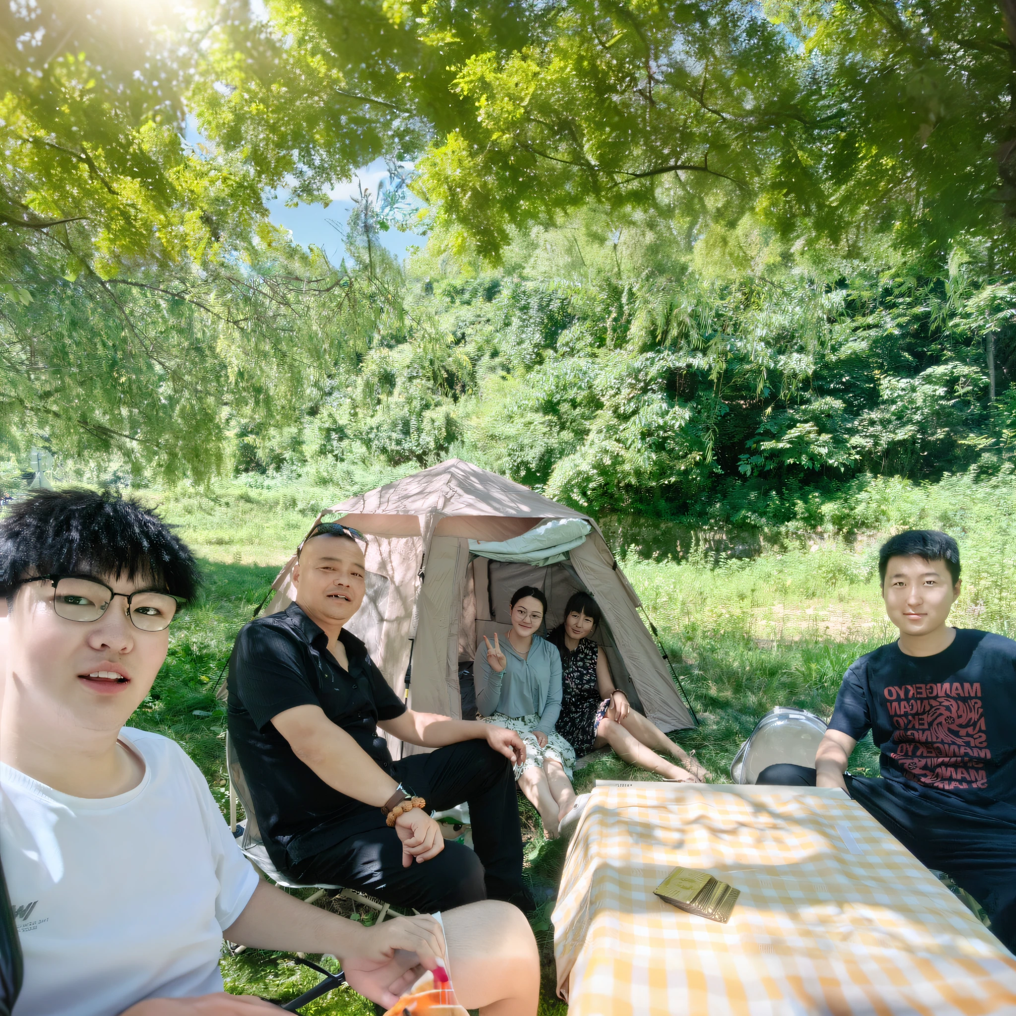 Several people sat around a table，The background is a tent, camping, taken on go pro hero8, forest picnic, 🤬 🤮 💕 🎀, afternoon hangout, shot on gopro9, exclusive, 🚿🗝📝, 4 k post, 4k post, Realphotos, glamping, Group photo, On a sunny day, photoshoot, 8K))