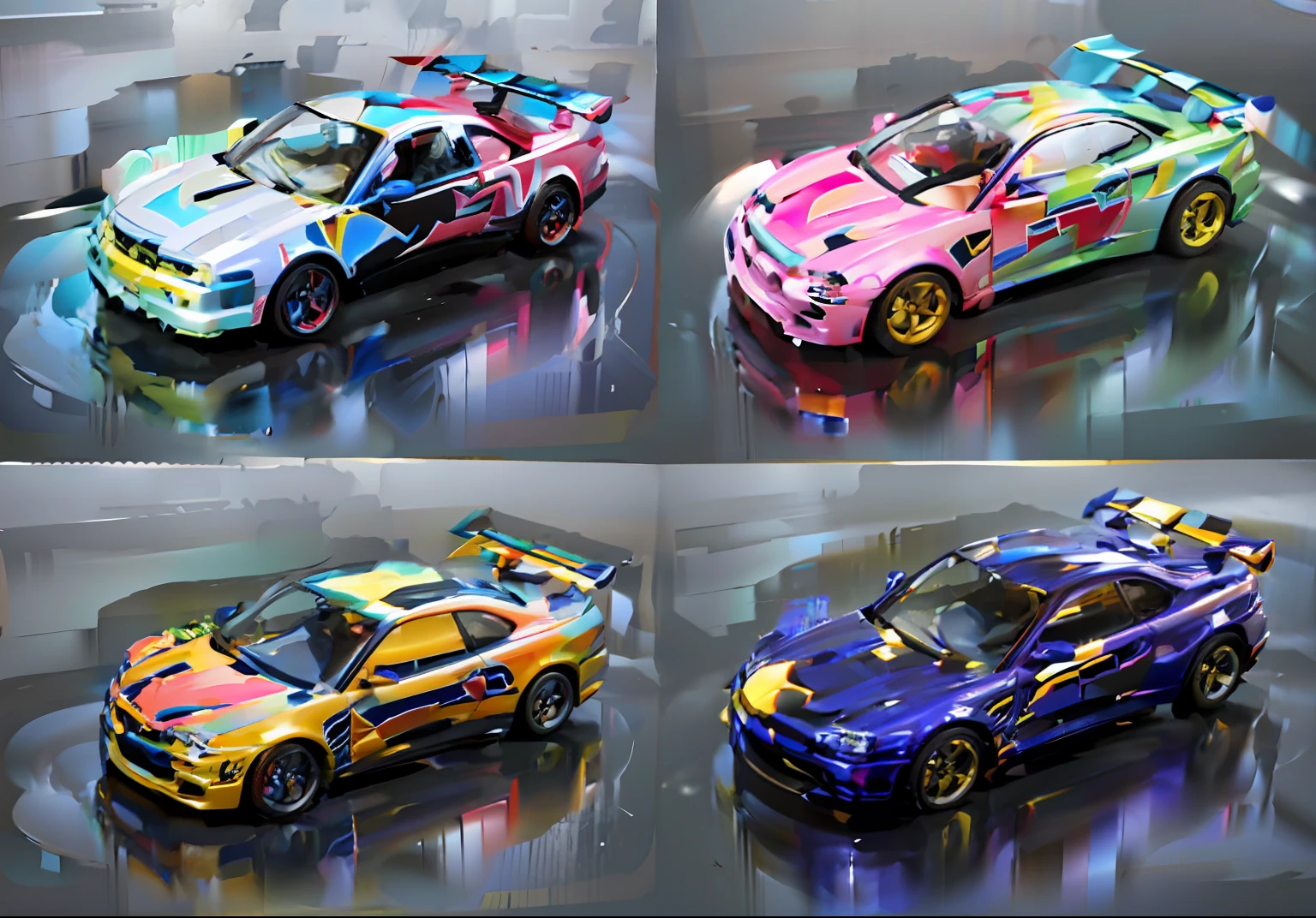 Four toy cars, no gradien, voxels, 3 d rendered, 4 colors, 4 colors!!!, toy design, fully colored, super detailed color lowpoly art, Hyper - detailed, Hyper-detailed, The Car, high - poly, Transformers toys, exploded view!!, legos, subtle color variations