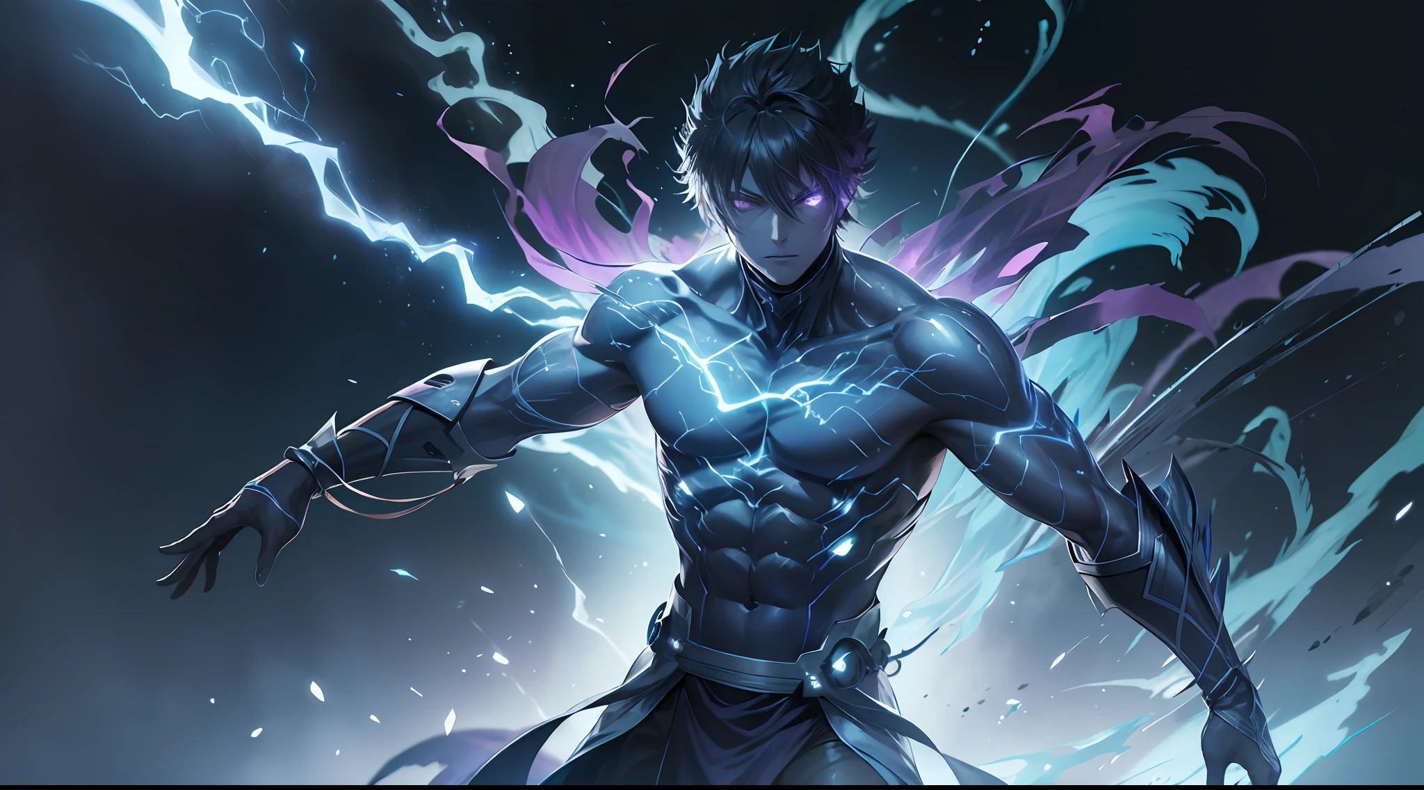 epic anime style, purple lightning, evil temperament, 20-year-old male shadow assassin, glowing black aura, shadow supervisor, handsome face, brilliant and majestic. Beautiful standard body and complete body structure. full body shot of a man with lightning in his hand, an epic anime about a purple energy man, in a battle stance with dark hair and glowing eyes looking at the viewer. Cool Gapmoe Yandere, menacing look, gintama's Hijikata Toushirou, inspired by Masanobu Okumura, the originator of the anime art style, Nobutaka Ike, the night war rages behind him. Highest image quality 8K, details everything 8K.