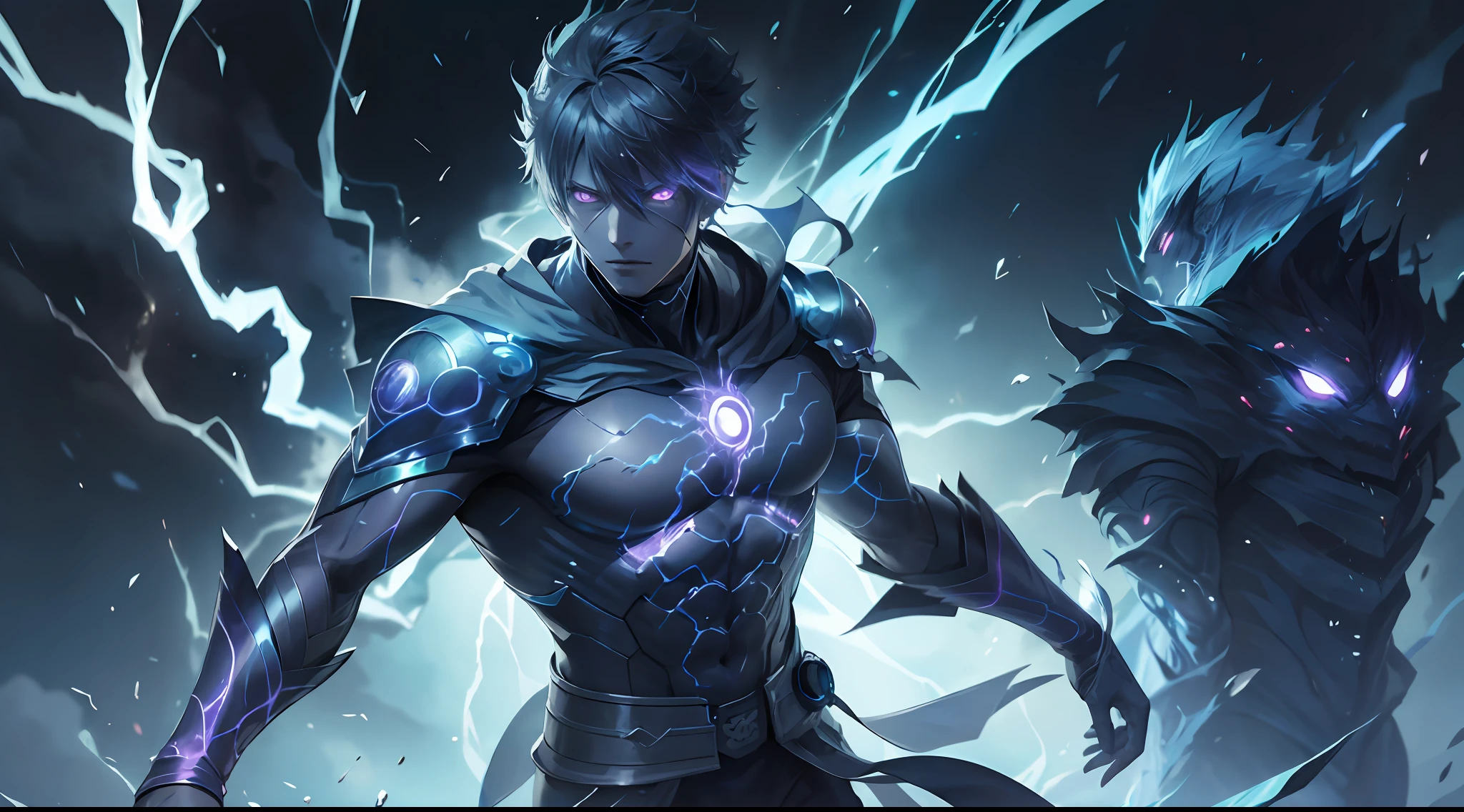 epic anime style, purple lightning, evil temperament, 20-year-old male shadow assassin, glowing black aura, shadow supervisor, handsome face, brilliant and majestic. Beautiful standard body and complete body structure. full body shot of a man with lightning in his hand, an epic anime about a purple energy man, in a battle stance with dark hair and glowing eyes looking at the viewer. Cool Gapmoe Yandere, menacing look, gintama's Hijikata Toushirou, inspired by Masanobu Okumura, the originator of the anime art style, Nobutaka Ike, the night war rages behind him. Highest image quality 8K, details everything 8K.