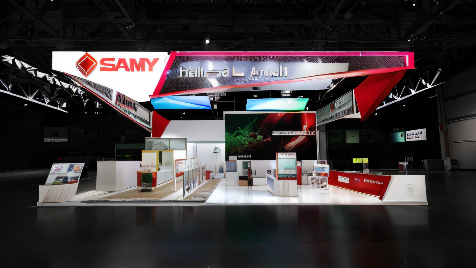 Alafid display with a large display with red and white logos, looking partly to the left, author：Randy Post, Sand green, displayed in the exhibition hall, sharp render, uncanny, sandy, “wide shot, wide image, medium wide shot, low res, crumbling, photorender, Sunny, sam yang, A picture, center view