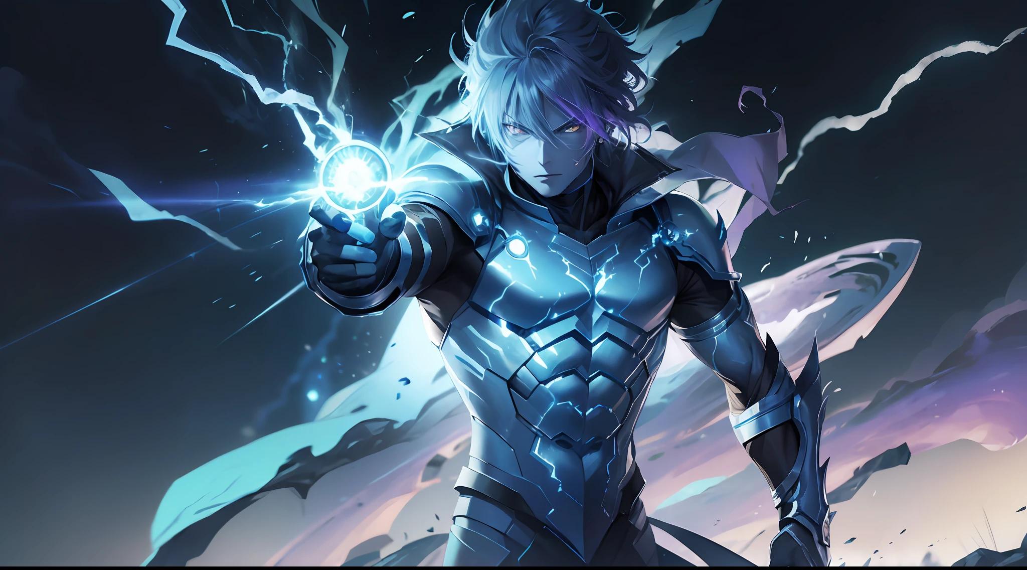 epic anime style, purple lightning, evil temperament, 20-year-old male shadow assassin, glowing black aura, shadow supervisor, handsome face, brilliant and majestic. Beautiful standard body and complete body structure. full body shot of a man with lightning in his hand, an epic anime about a purple energy man, in a battle stance with dark hair and glowing eyes looking at the viewer. Cool Gapmoe Yandere, menacing look, gintama's Hijikata Toushirou, inspired by Masanobu Okumura, the originator of the anime art style, Nobutaka Ike, the night war rages behind him. Highest image quality 8K, details everything 8K.