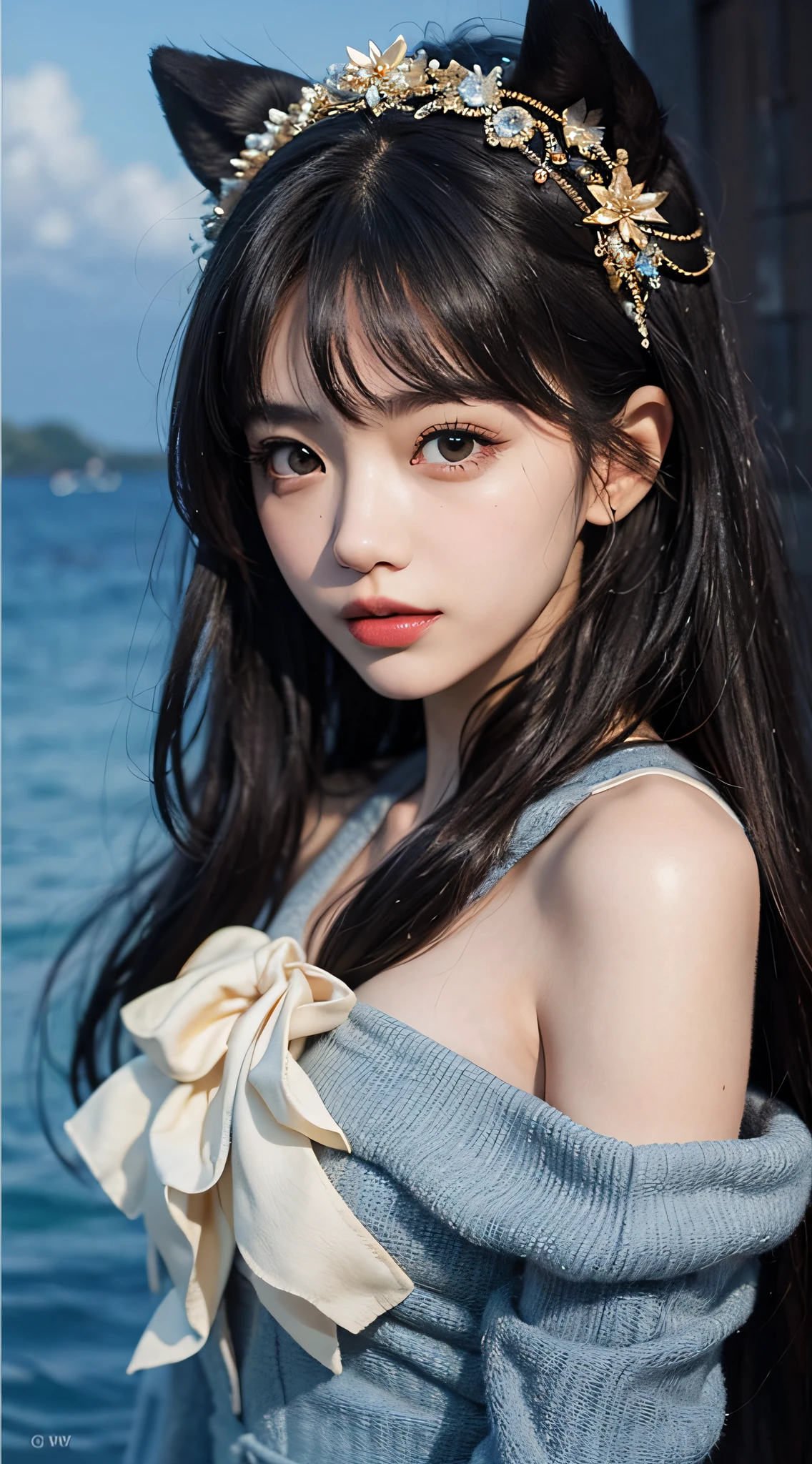 (tmasterpiece:1.2), best qualtiy, A high resolution, Unity 8k壁纸, (illustratio:1.0), beatiful detailed eyes:,Extremely detailed face,perfect litthing, extremaly detailed cg, 1girll, black_eyes, black_hair, blue_background, blue_sky, daysies, halter, cparted lips, long_hair, looking_at_viewer, nase, the ocean, exteriors, Photorealsitic, photorealestic, red_lips, Skysky, 独奏, upper_body,Ruffled sleeve dress,Chiffon, ventania, Her expressive eyes twinkled with secret,中景 the scene is,romantic atmoshere,