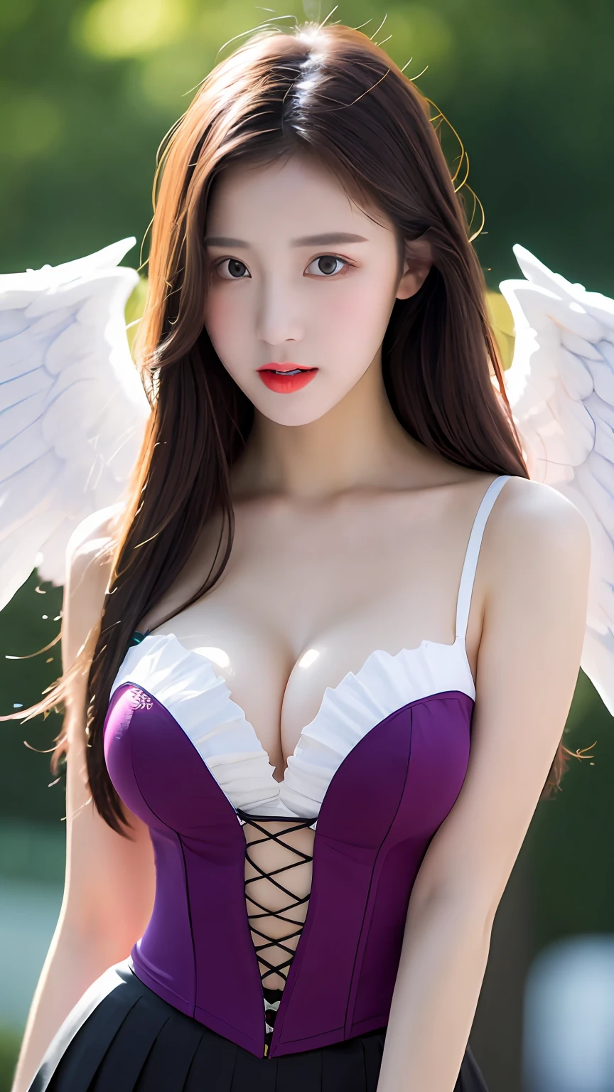 （realisticlying， A high resolution：1.3）， 1 girl with a perfect body，She has a pair of angel wings， Super fine face and eyes，long whitr hair， Tank top of random colors：1.2， Sexy purple corset，huge tit，Expose cleavage，pleatedskirt