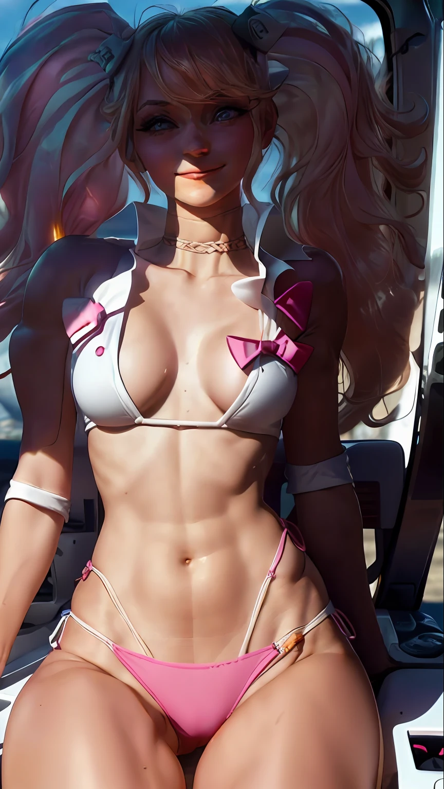 cute white, pretty, innocent, blonde 18 year old, (flat abs)), blushing, ((huge massive giant tits: 1.4)), (sideboob), (underboob), pressing tits together, pink areolas, white skin, blue eyes, pink transparent microbikini, wearing a small pink transparent thong of undersize, ((sitting in the back seat of a car)), (((cameltoe: 1.2))), black choker, take a selfie, Looking at the camera, smiling, having fun, happy, up close, (NSFW)