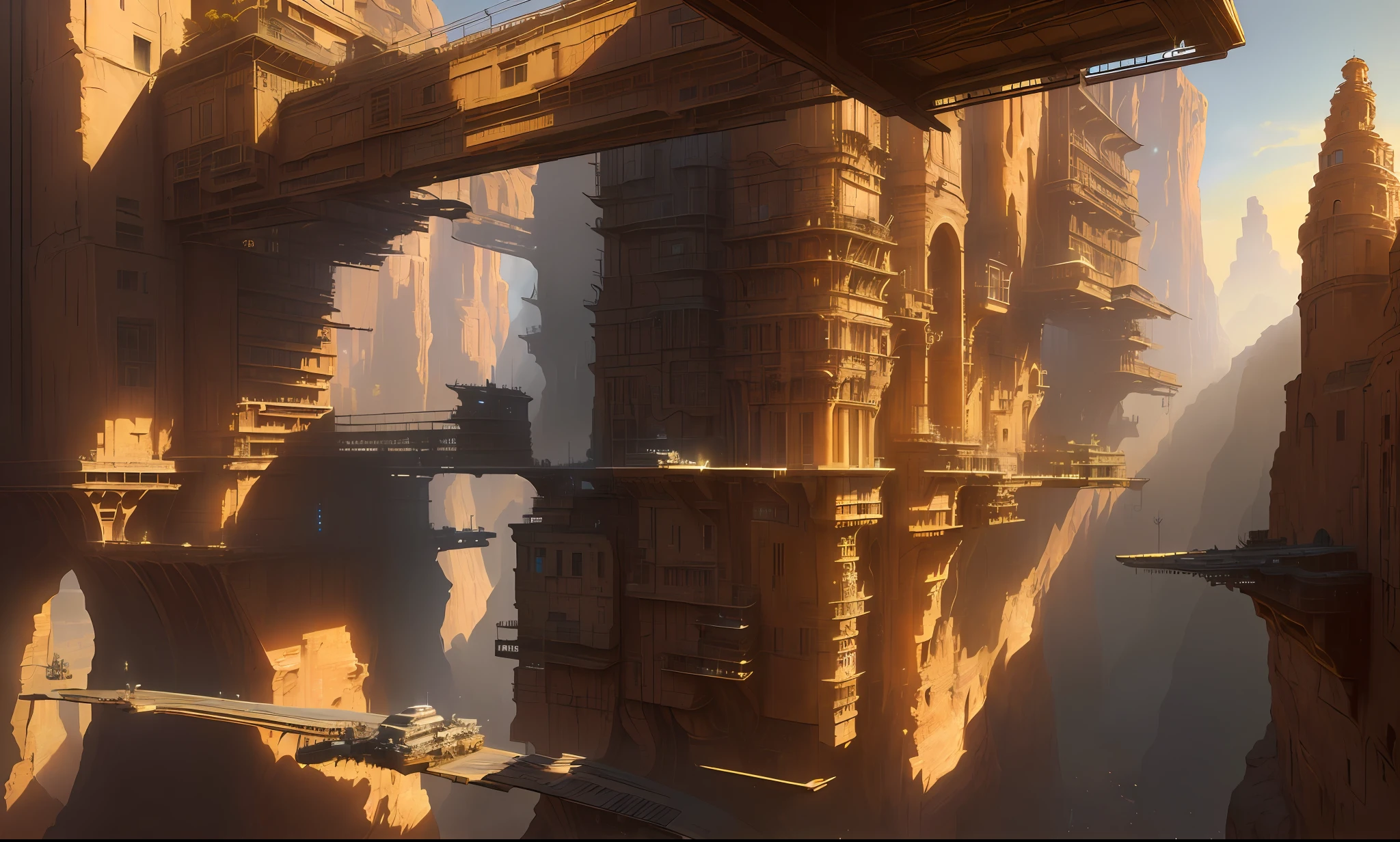 ((masterpiece)),((best quality)),((high detial)),((realistic,)) Industrial age city, deep canyons in the middle, architectural streets, bazaars, steampunk, modern architecture, highres, imagination, (realistic), clear skies, composition, sunset, (hdr:1.5), outdoors, intricate details,
