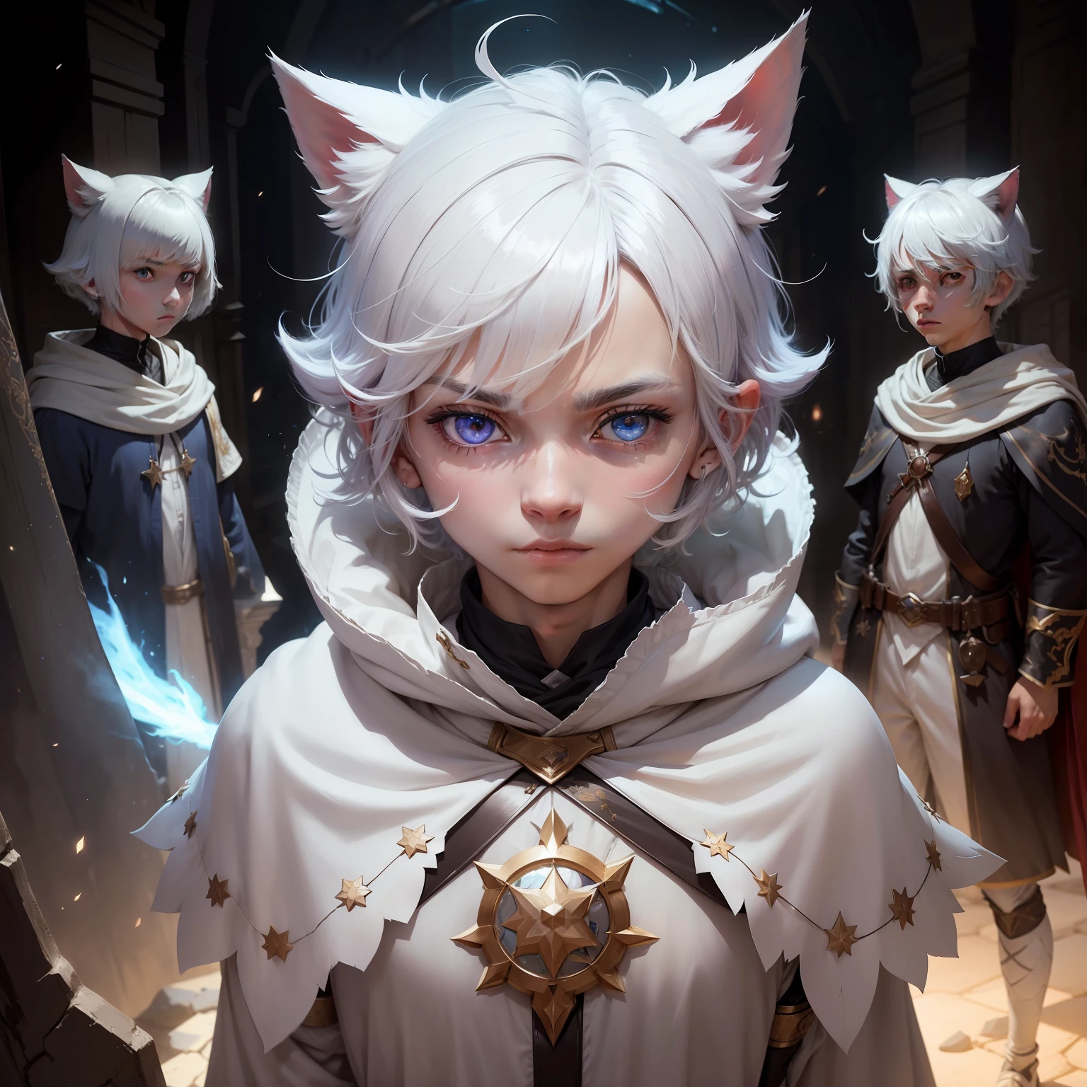 Cat-eared ager,short detailed hair,White hair,salama,with a determined look in his eyes,cloaks,Alphinaud,borgar,milky ways,Perfect quality,Clear focus,extremely colorful,Handsome cute perfect face,Complicated details,ultra-low perspective,wide wide shot,2k