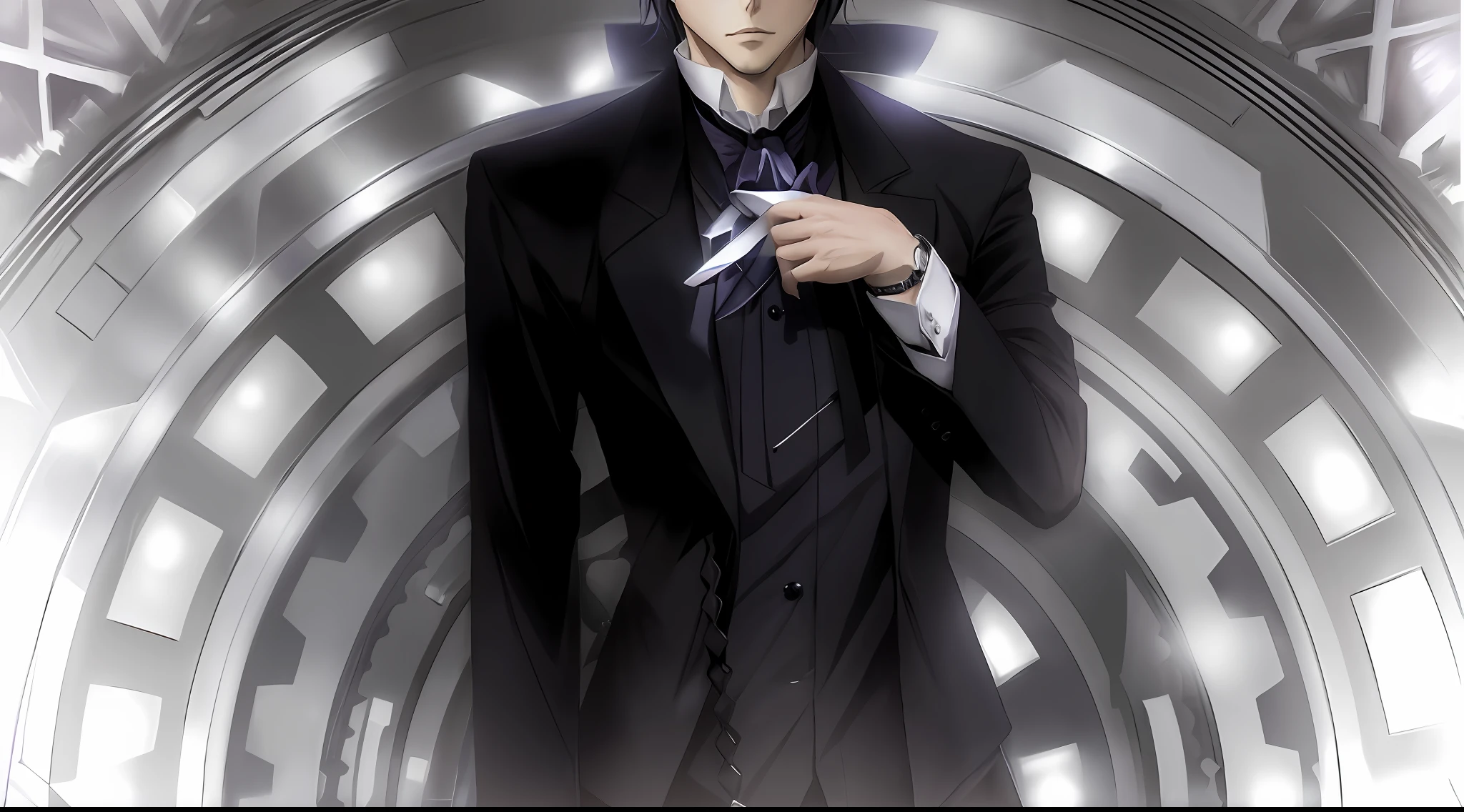 Anime character in a suit and tie standing in front of a watch, sebastian michaelis, Ikuto Yamashita, inspired by Munakata Shikō, imagem de anime shuushuu, Okata Kazuto., visual chave anime de elegante, anime", vampiros de anime, ( ( ( anime ) ) ), O vampiro, Katekyo Hitman Renascido