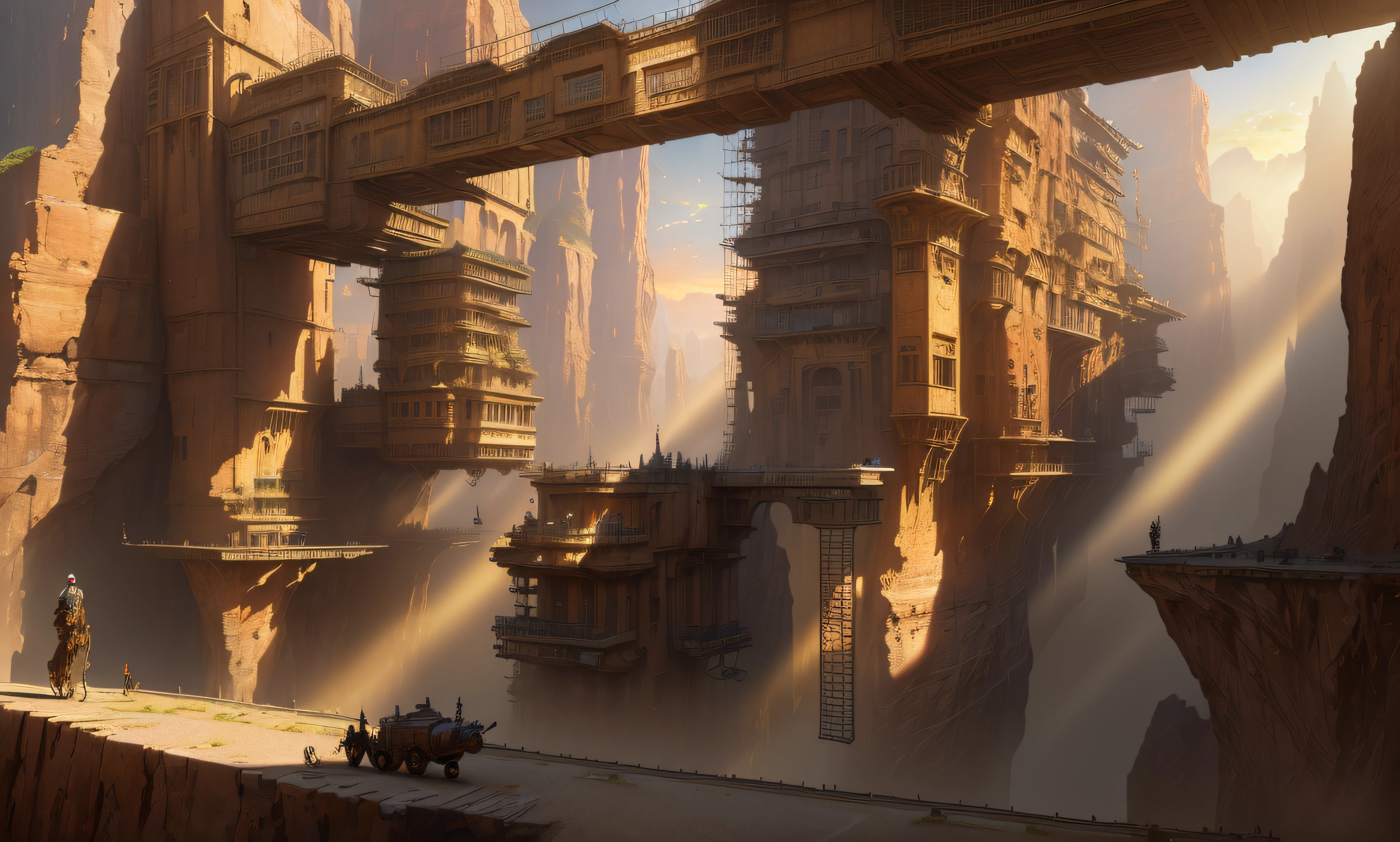 ((masterpiece)),((best quality)),((high detial)),((realistic,)) Industrial age city, deep canyons in the middle, architectural streets, bazaars, steampunk, modern architecture, highres, imagination, (realistic), clear skies, composition, sunset, (hdr:1.5), outdoors, intricate details,