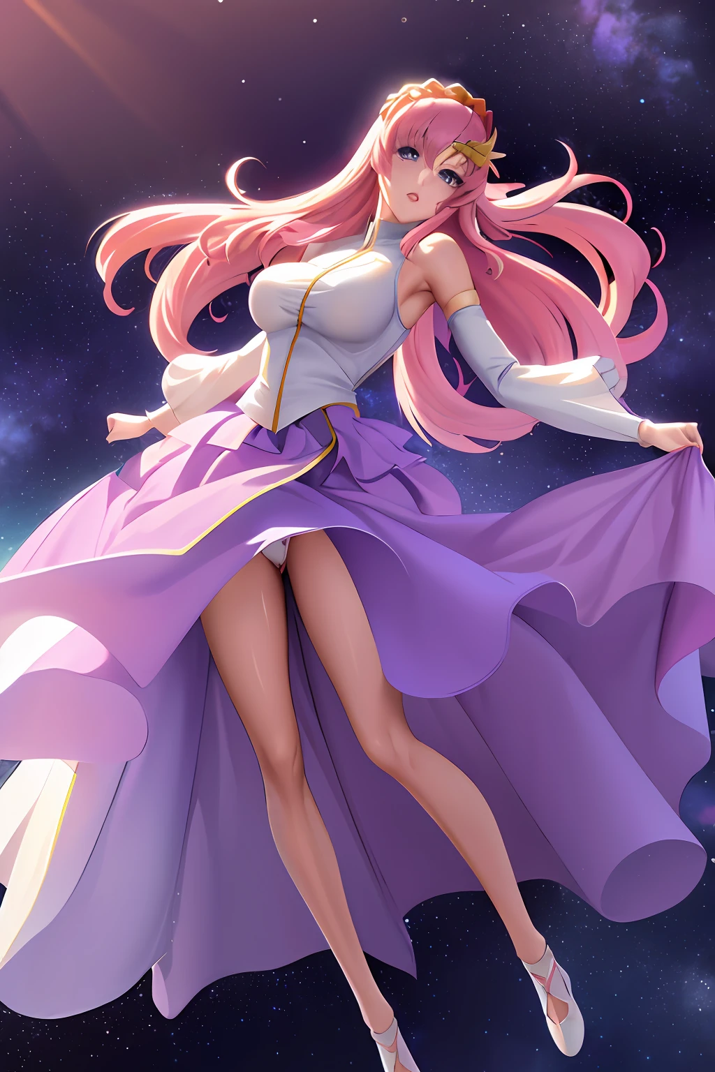 masterpiece, best quality, highres, anime, lacus1, 1girl, solo, lacus1, 1girl, solo, pink hair, straight hair, hair ornament, white detached sleeves, blue eyes, white dress, purple skirt, long skirt, very long hair, bare shoulders, large breasts, (skirt lift:1.3), (thong:1.1), breast flash