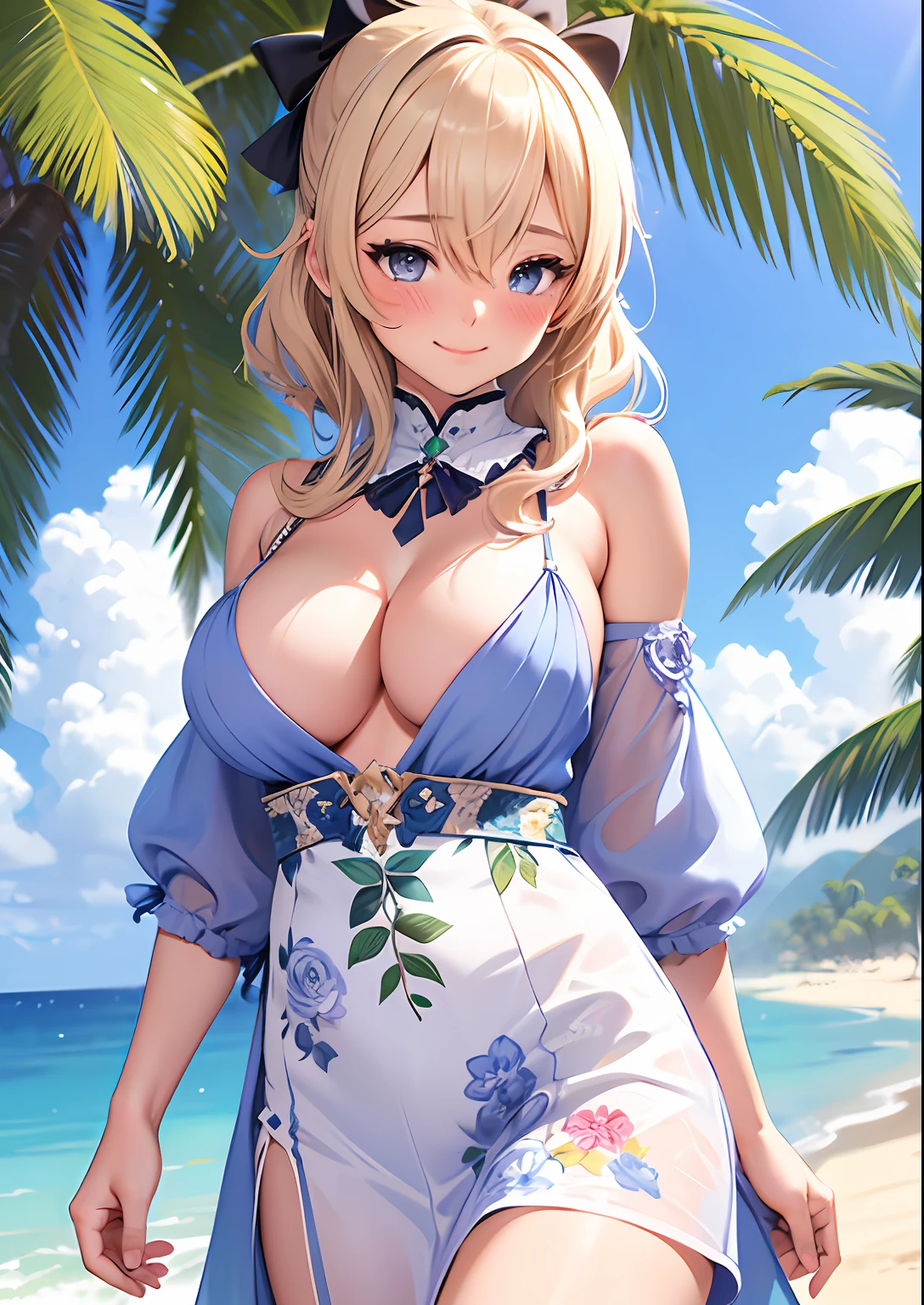 1girl, adult woman, (Naked: 1.4), (Blushing:1.4), (Loose string dress with no pleats, floral print, cleavage, naked), blushed, Smile, Cowboy Shot, Slim body, Small breast, small boobs, Full Body, Detailed background: Beach and palmtrees, summer