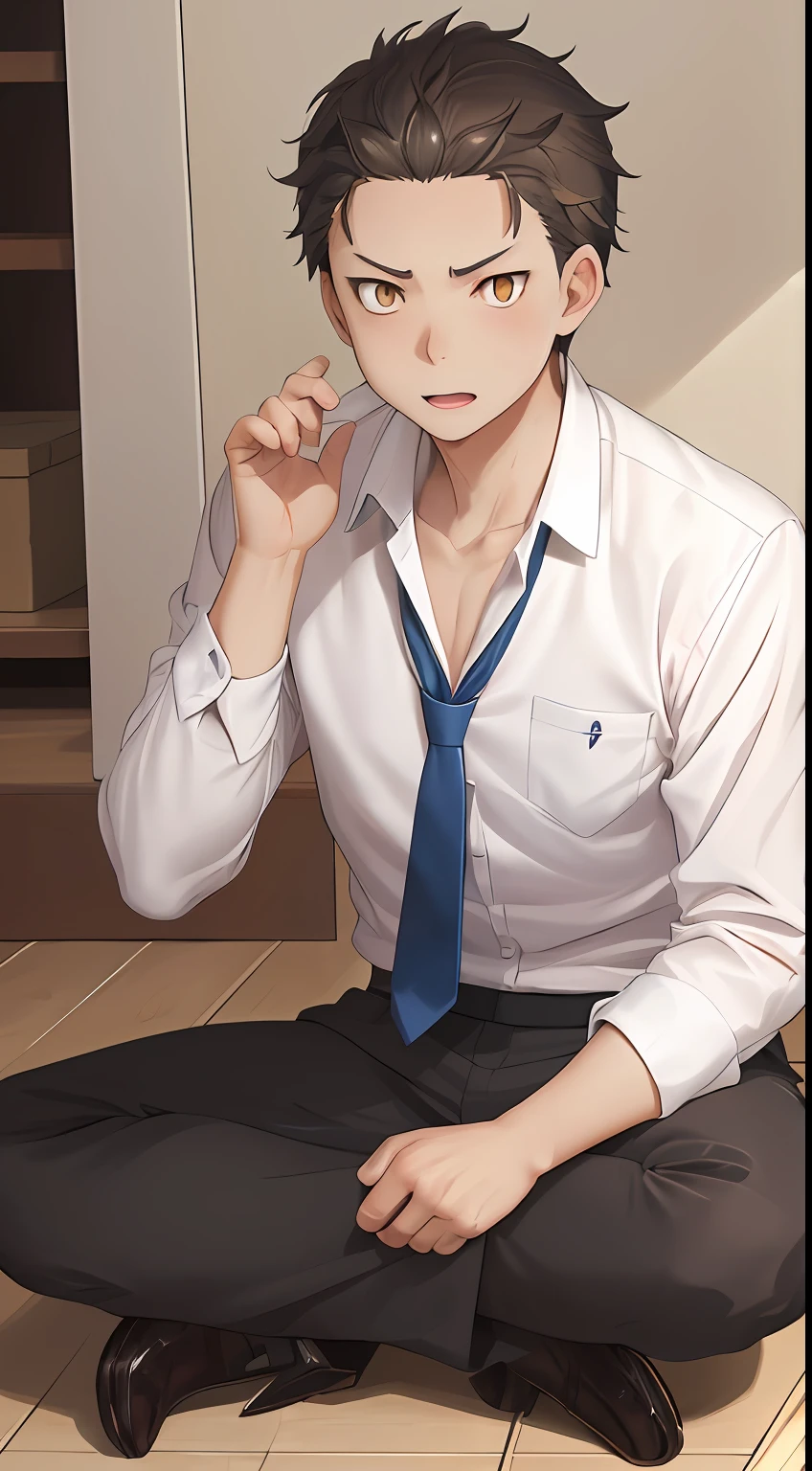 A high resolution， Sharp focus， Pixiv masterpiece， （（Complicated details））， highly  detailed， natsuki_subaru， 1 man， with her mouth open，full bodyesbian， Golden eyes（eyes glowing）， brunette color hair， The shirt，a blue tie，trousers，thongs，look from down