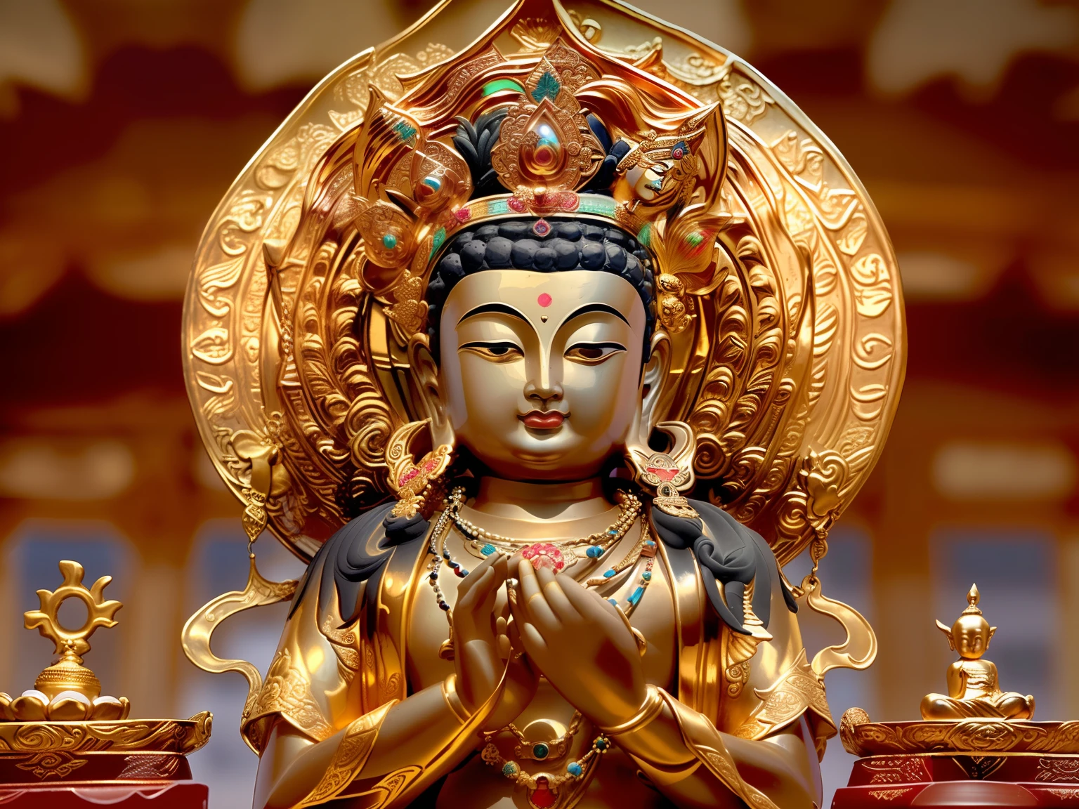 edd, Buddha, Maitreya Bodhisattva,Maitreya,A golden Buddha statue sits on top of a wooden box,There is a pearl necklace on the chest, 1boy, Bald, Barefoot, dark-skin_Male, Facial_Hair, Fat, jewelry, Male_Focus, necklace, , Solo