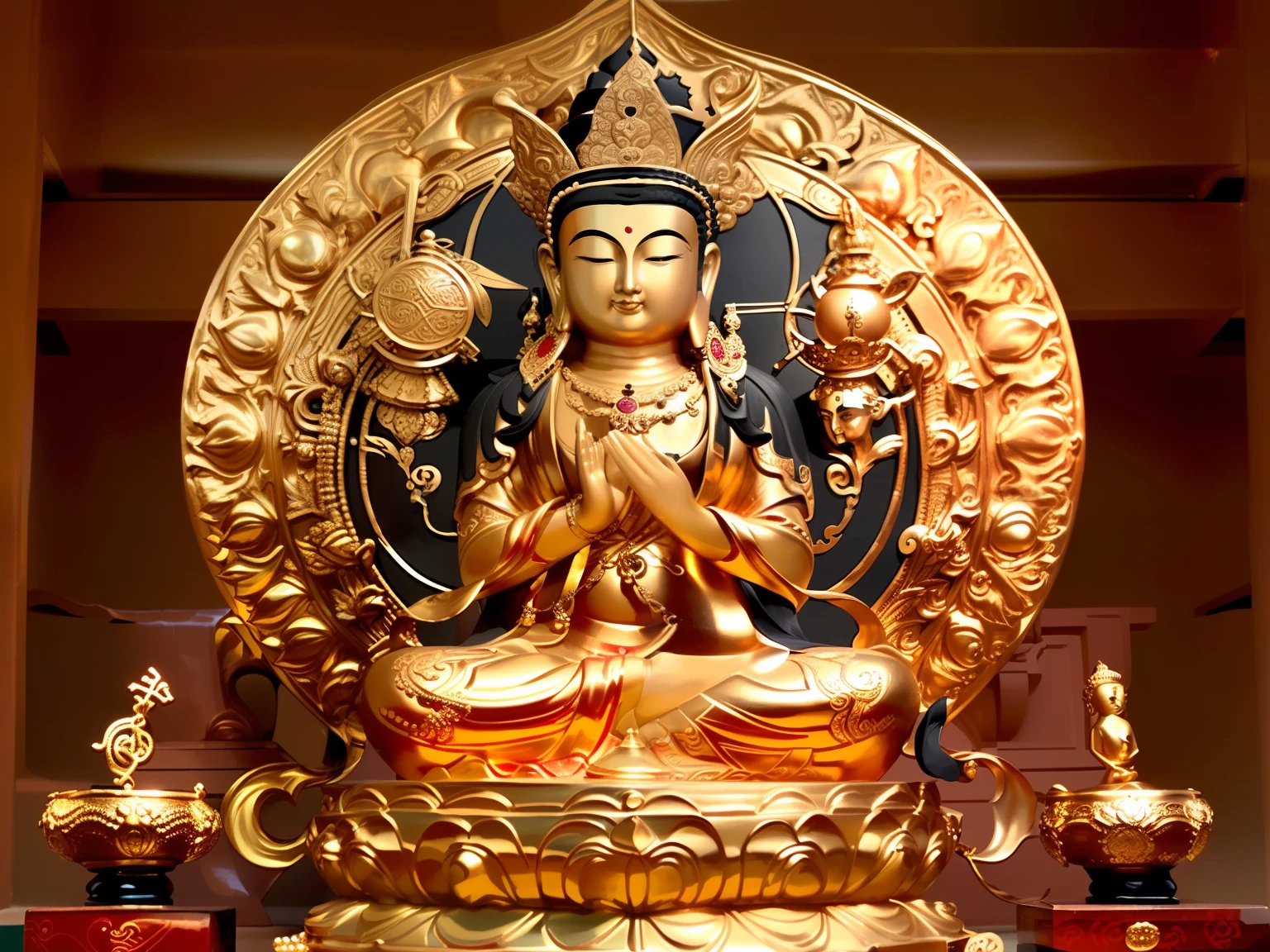 edd, Buddha, Maitreya Bodhisattva,Maitreya,A golden Buddha statue sits on top of a wooden box,There is a pearl necklace on the chest, 1boy, Bald, Barefoot, dark-skin_Male, Facial_Hair, Fat, jewelry, Male_Focus, necklace, , Solo
