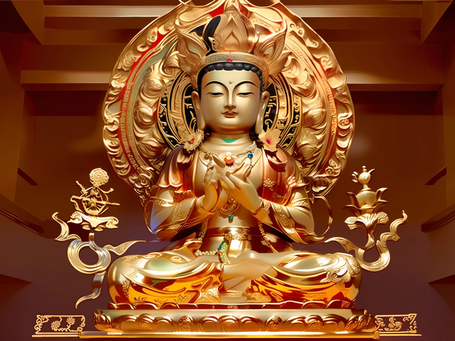 edd, Buddha, Maitreya Bodhisattva,Maitreya,A golden Buddha statue sits on top of a wooden box,There is a pearl necklace on the chest, 1boy, Bald, Barefoot, dark-skin_Male, Facial_Hair, Fat, jewelry, Male_Focus, necklace, , Solo