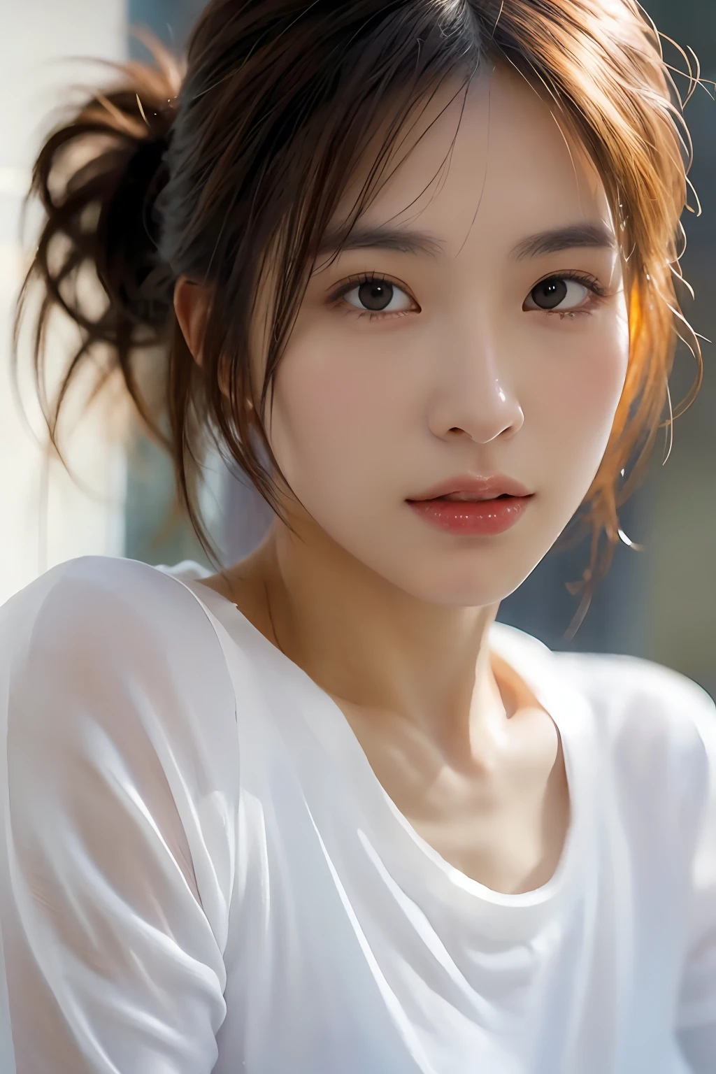 dressed, (photo realistic:1.4), (hyper realistic:1.4), (realistic:1.3),
(smoother lighting:1.05), (increase cinematic lighting quality:0.9), 32K,
1girl,20yo girl, realistic lighting, backlighting, light on face, ray trace, (brightening light:1.2), (Increase quality:1.4),
(best quality real texture skin:1.4), finely detailed eyes, finely detailed face, finely quality eyes,
(tired and sleepy and satisfied:0.0), face closeup, t-shirts,
(Increase body line mood:1.1), (Increase skin texture beauty:1.1)