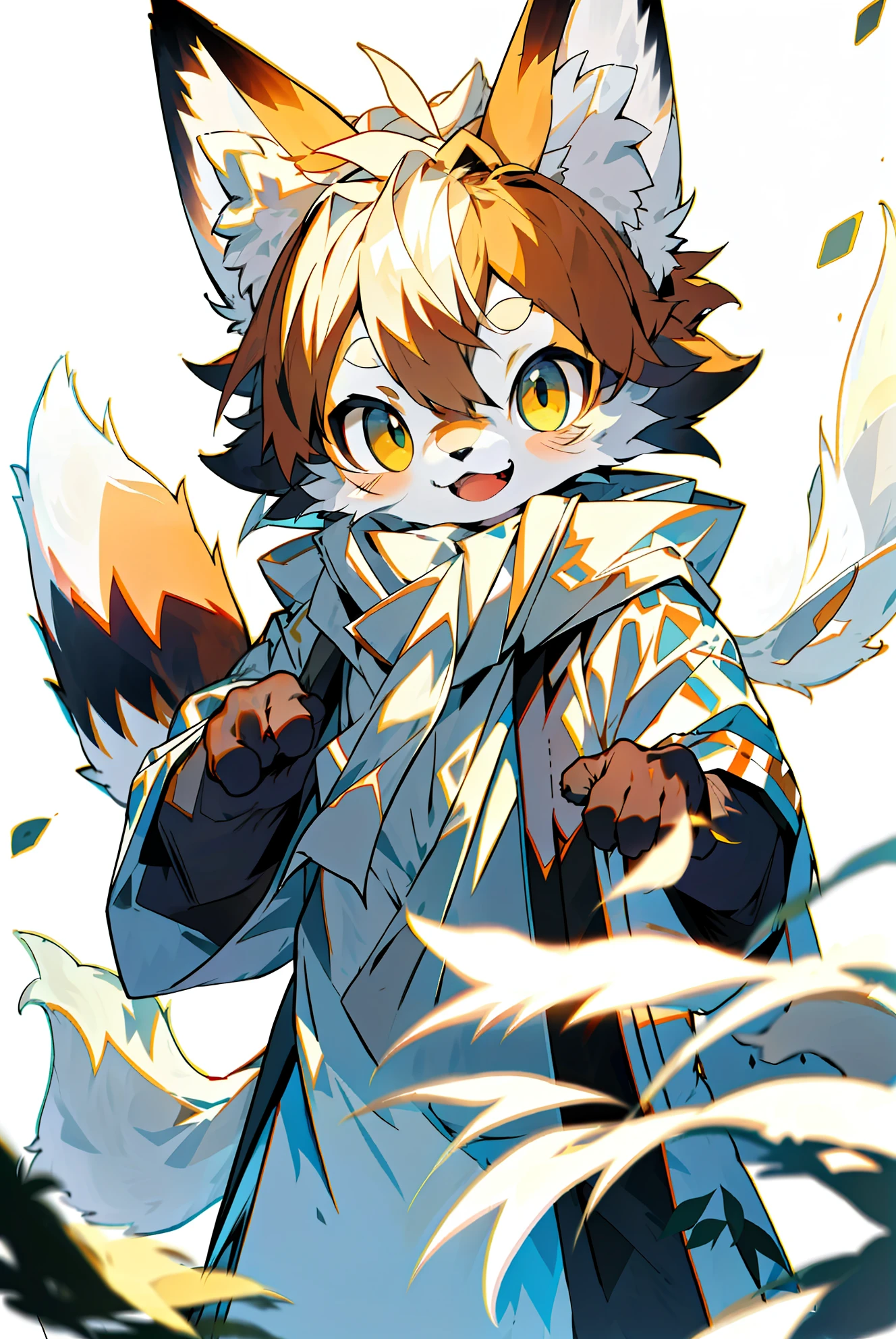 depth of fields,lighting perfect,light particules,(best qualtiy),(best qualityer)(tmasterpiece),(ultra - detailed),Sharp focus,light particules,niji,eyesgod,golden_eyes,looking_at_viewer,smile,solo,furry,animal_ear_fluff,open_clothes,arctic fox,white colors,shaggy,8K