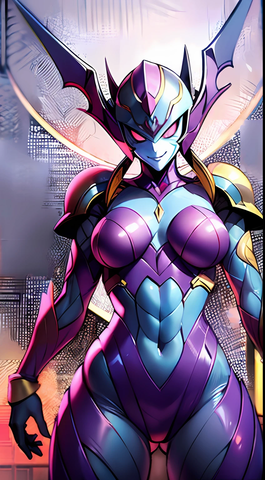 Female with purple and red hot insect shell、Guyver Style、evil smile、(masterpiece, :1.3),(top-quality:1.4)、tail、Cel Shade Adult Animation、Alien Queen、Full Body Art
