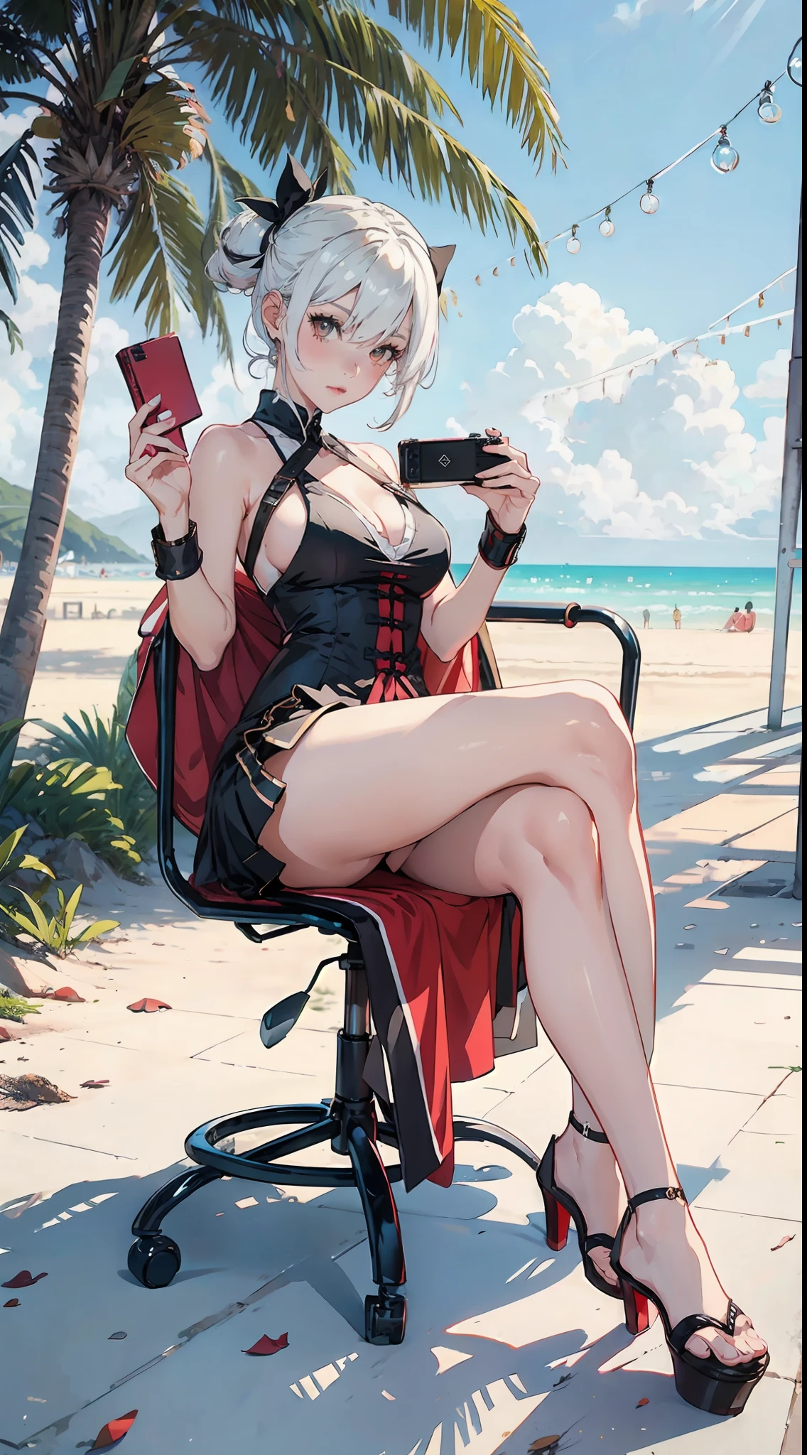 Blonde woman in black and red dress sitting on a chair by the beach, 2 b, 2b, Anime girl cosplay, Tifa Lockhart with white hair, White-haired, Sexy :8, white haired Cangcang, from girls frontline, full-body xianxia, By Leng Mei, Anime cosplay, Shot on Canon EOS R 6, author：Shitao