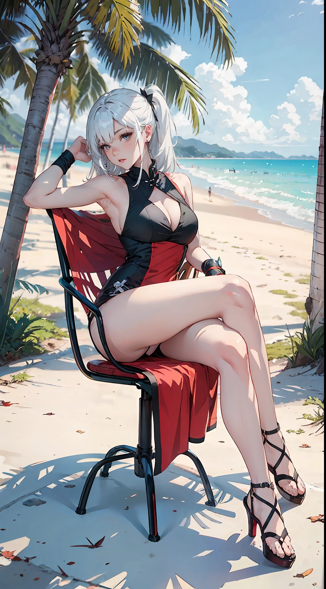 Blonde woman in black and red dress sitting on a chair by the beach, 2 b, 2b, Anime girl cosplay, Tifa Lockhart with white hair, White-haired, Sexy :8, white haired Cangcang, from girls frontline, full-body xianxia, By Leng Mei, Anime cosplay, Shot on Canon EOS R 6, author:Shitao