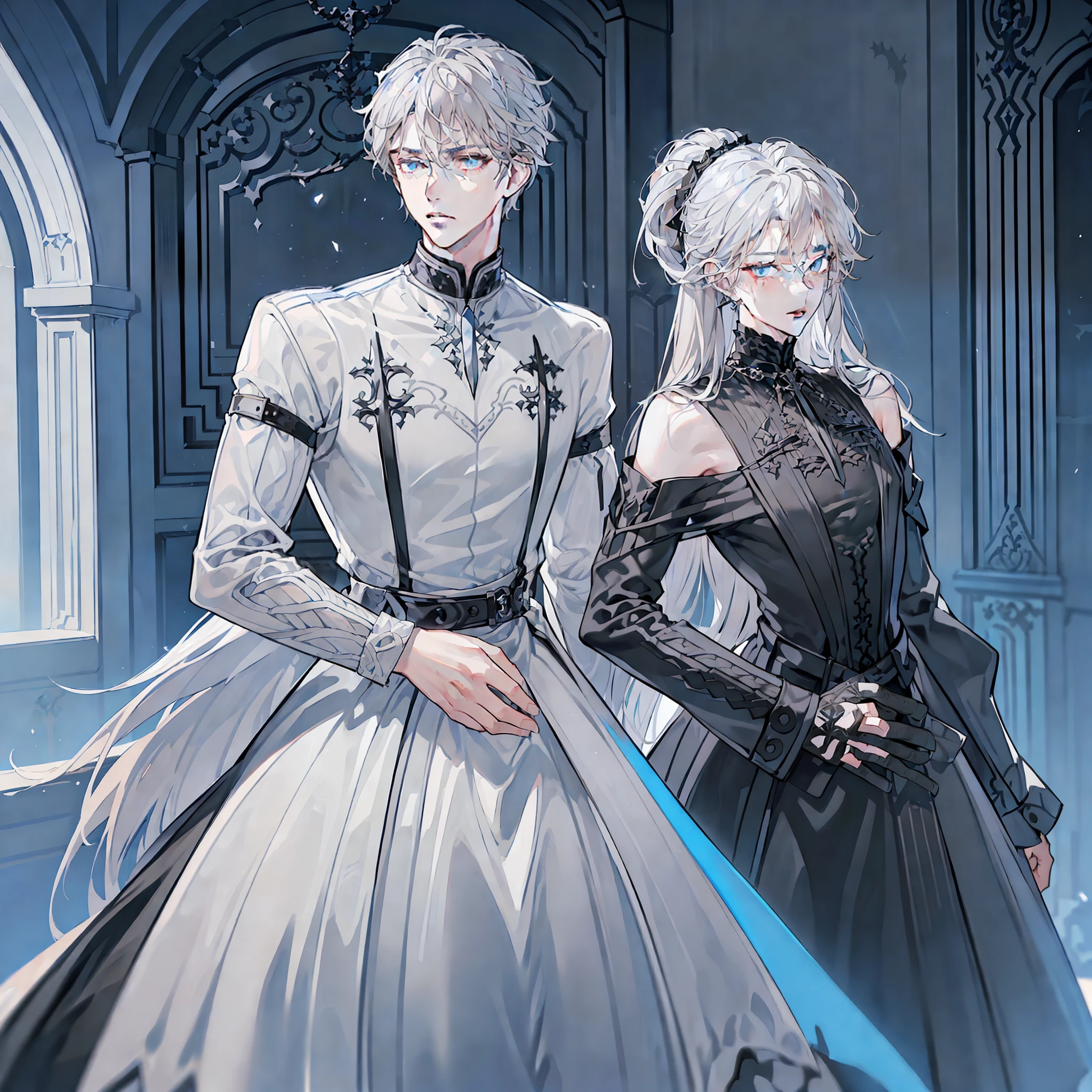 (((A handsome young))),Handsome prince, (glow blue eyes), ((Eyes have light)),((((Long gray hair:1.1))), ((black-clad)), (prinz\\(Indifferent expression\\),, (((Wear luxury dresses with high details))), A head of white hair,Frost magic,Top publications,perfect detail,The higher the HD,Best quality,A high resolution