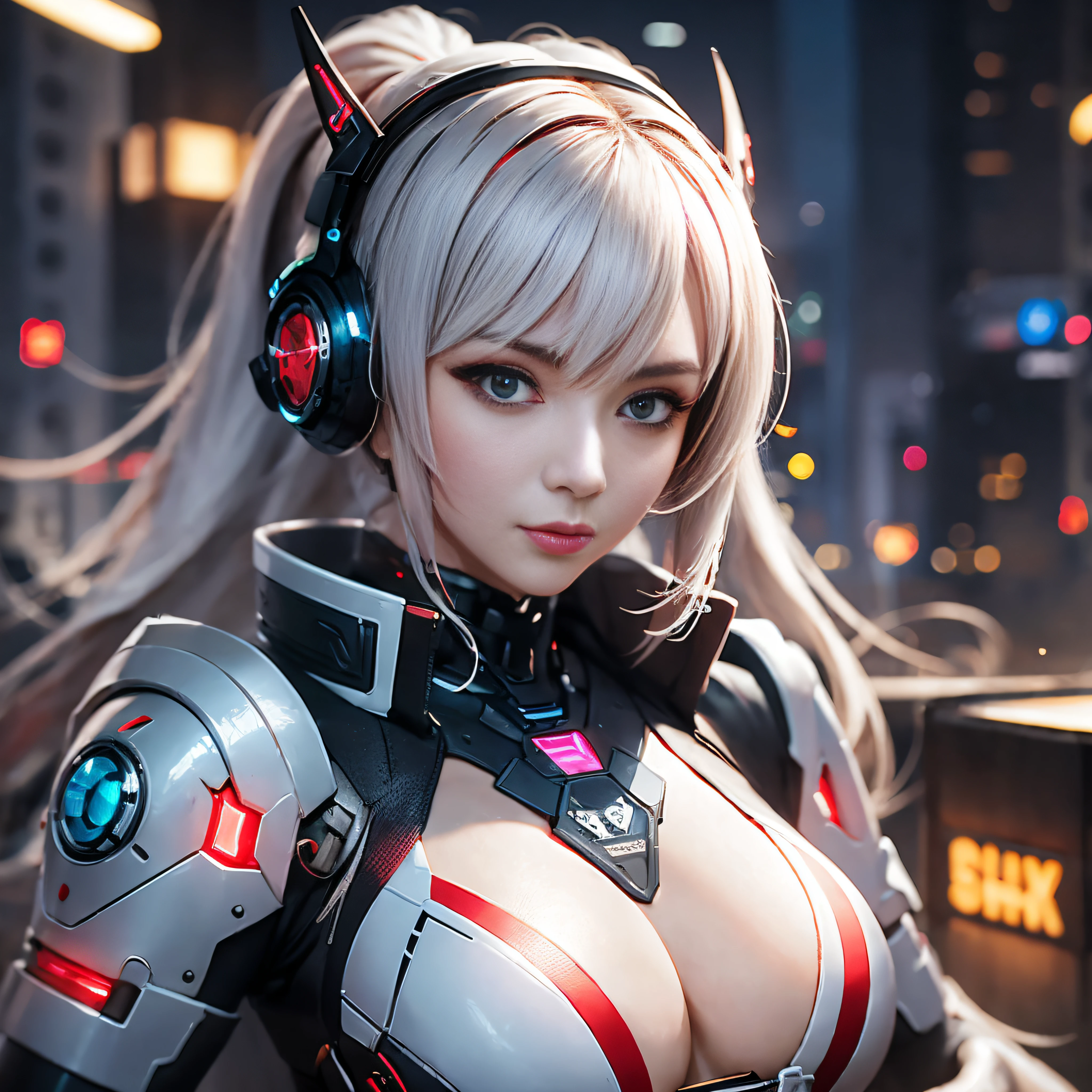 Highest image quality,Outstanding details,超高分辨率,(Fidelity:1.4),The best illustration,Favor the details,closeup cleavage,A mech girl,He has a delicate and beautiful face,((Red and white semi-mechanical body:1.8)),Raised sexy,frontage,cyber punk perssonage,Futuristic,mechanically aesthetic,Complex machinery,The background is a high-tech lighting scene in the future city,Virtual Engine 5,Perfect detail rendering,rendering by octane,hyper HD