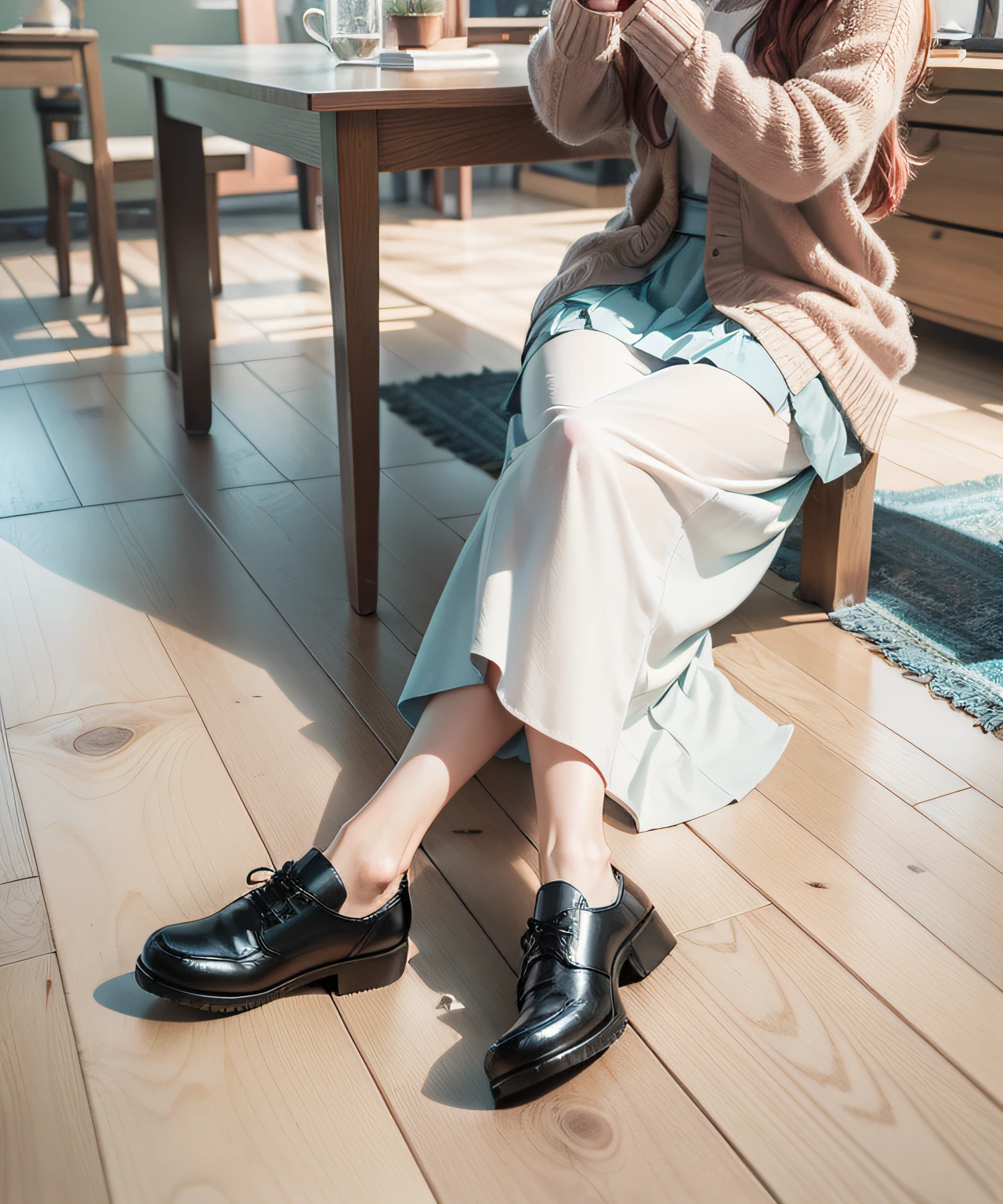 Light blue skirt, home wooden floor, sun, sitting on chair