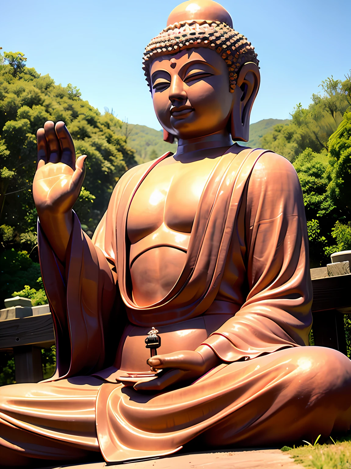(Upper body of a giant tall Buddha statue:1.5,),(Buddhist temple background:1.2),,(真实感:1.4),(best qualtiy:1.0),(超高分辨率:1.0),8k,RAW photos,(tmasterpiece:0.2),ultra - detailed,(Pilgrims on the road:0.8),