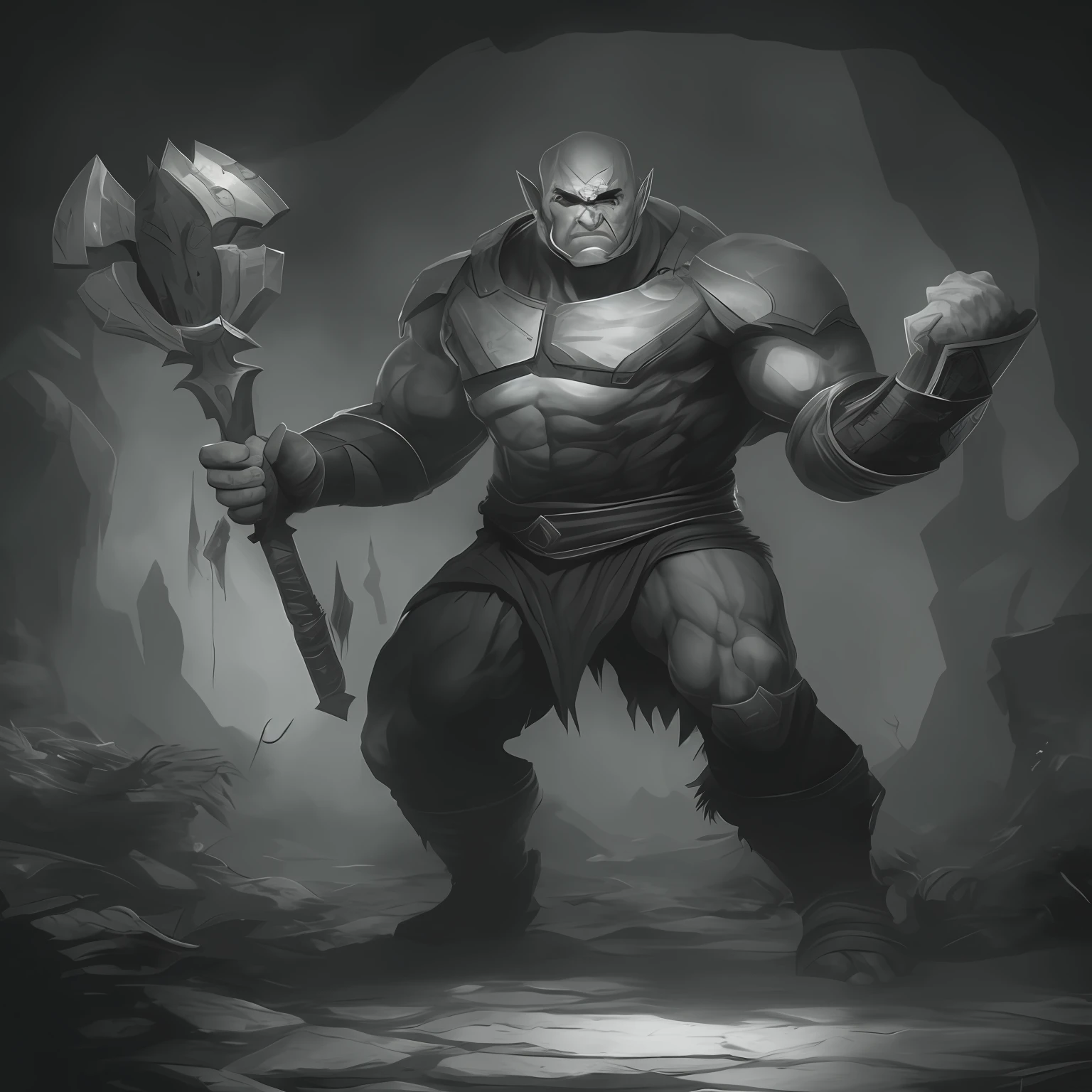 ultra hi-res, black and white, comic, line art, a black and white image of a man with a large axe, dnd goliath character concept,
