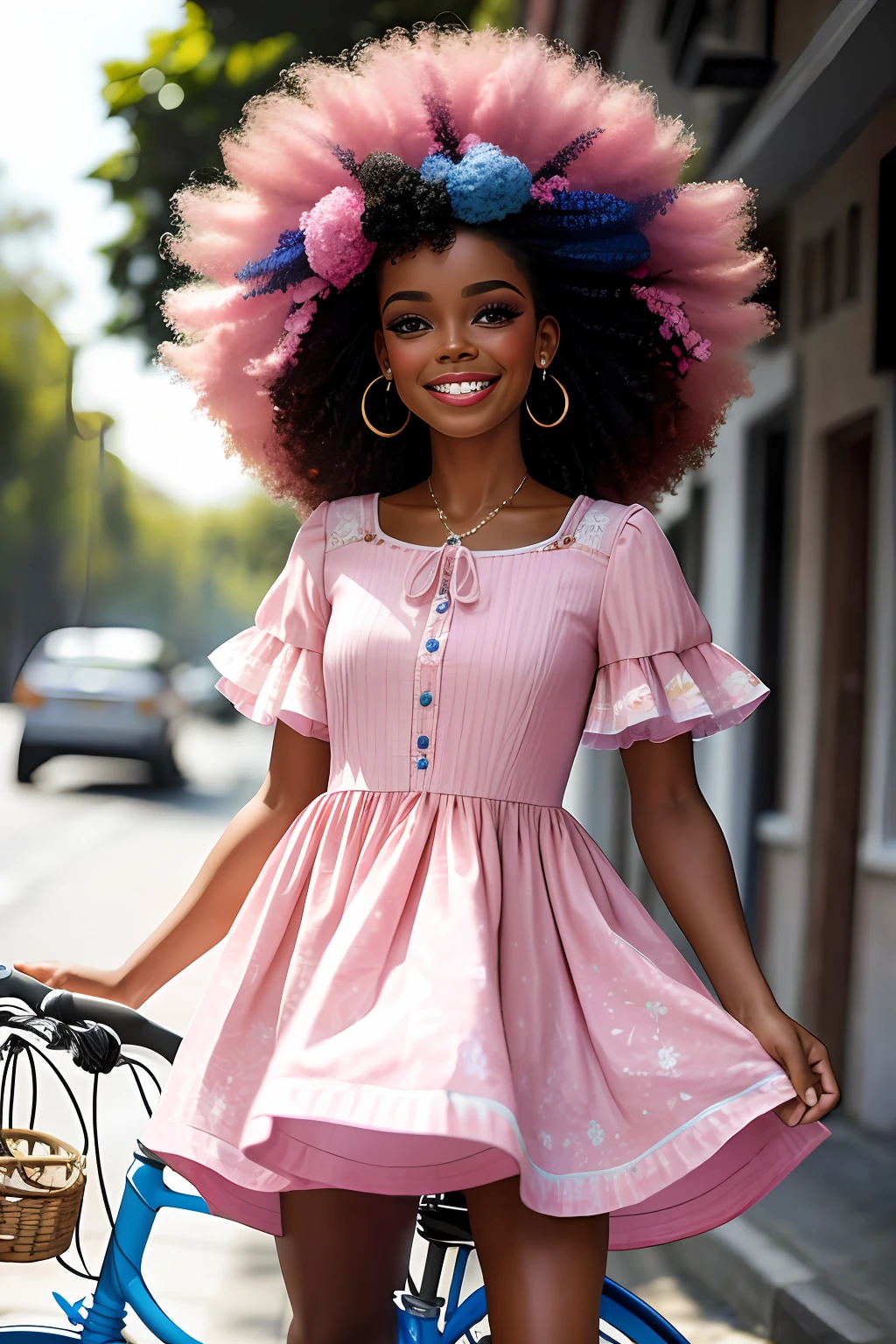 (64k, foto RAW, melhor qualidade, obra-prima: 1.2), ultra-detalhado, arte formal, fotorrealismo: 1.37, foto na parte superior do corpo, mulher ((AFRO AMERICANA,beleza, BARBIE,smiling and he smiles, pose sentada em uma bicicleta Pink),num vestido lindo florido azul e Rosa de alfaiataria ,repleta de flores rosa)muitas flores coloridas),cabelo encaracolado