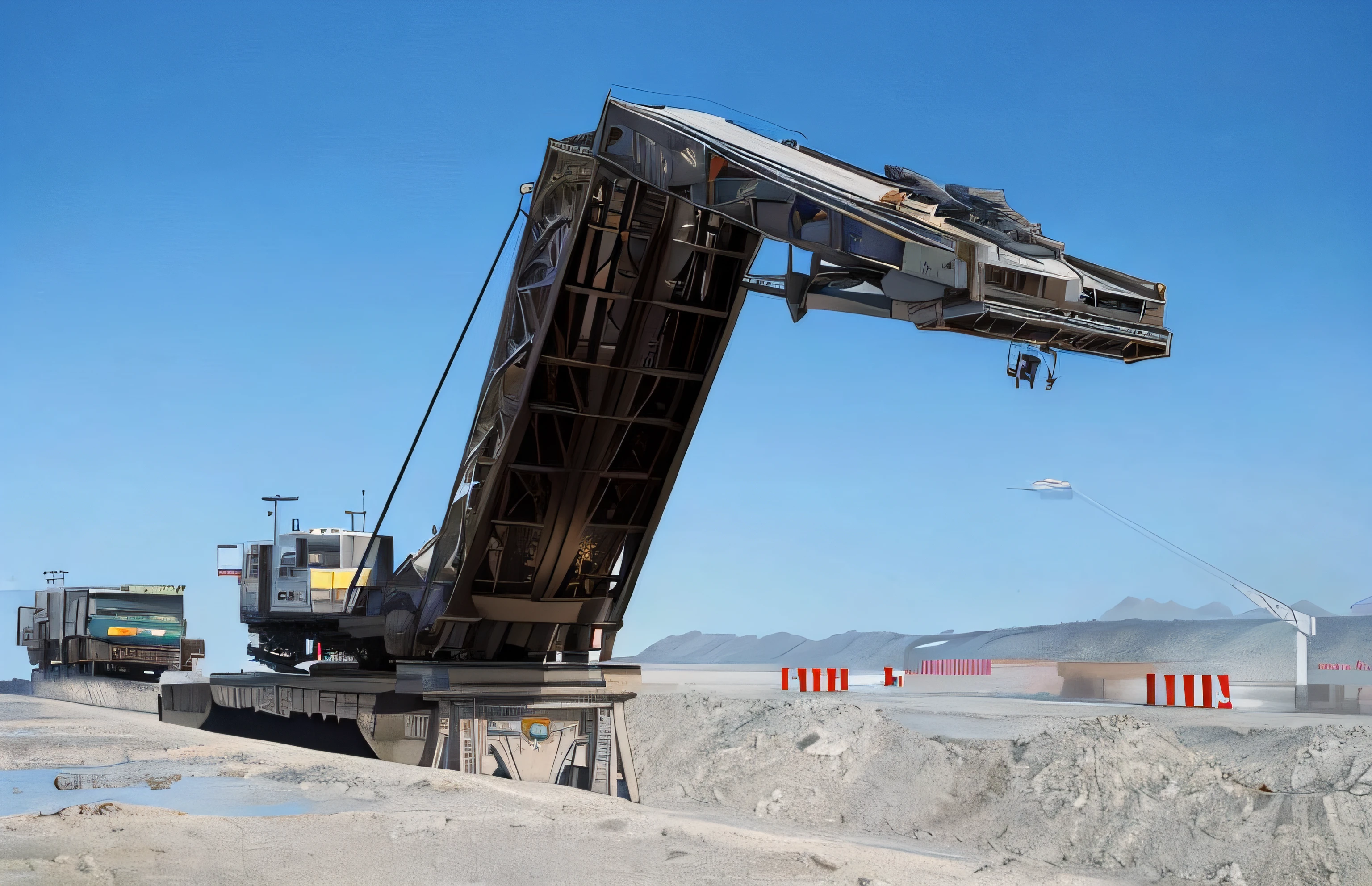 There is a large crane that is lifting trucks across the road, military carrier rig, A big, himars, Military, massive construction machines, spaceship in a dry river bed, bridge, Mechanical superstructure, the photo shows a large, Sense of scale, depiction, A massive, dramatic artwork, Accurate depiction, gigantic landing pad, highly realistic”