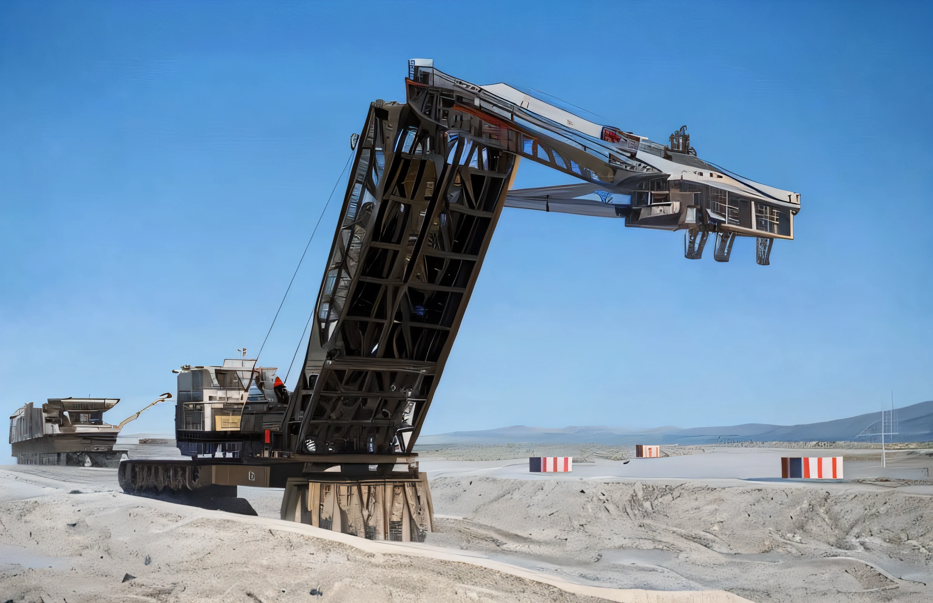 There is a large crane that is lifting trucks across the road, military carrier rig, A big, himars, Military, massive construction machines, spaceship in a dry river bed, bridge, Mechanical superstructure, the photo shows a large, Sense of scale, depiction, A massive, dramatic artwork, Accurate depiction, gigantic landing pad, highly realistic”