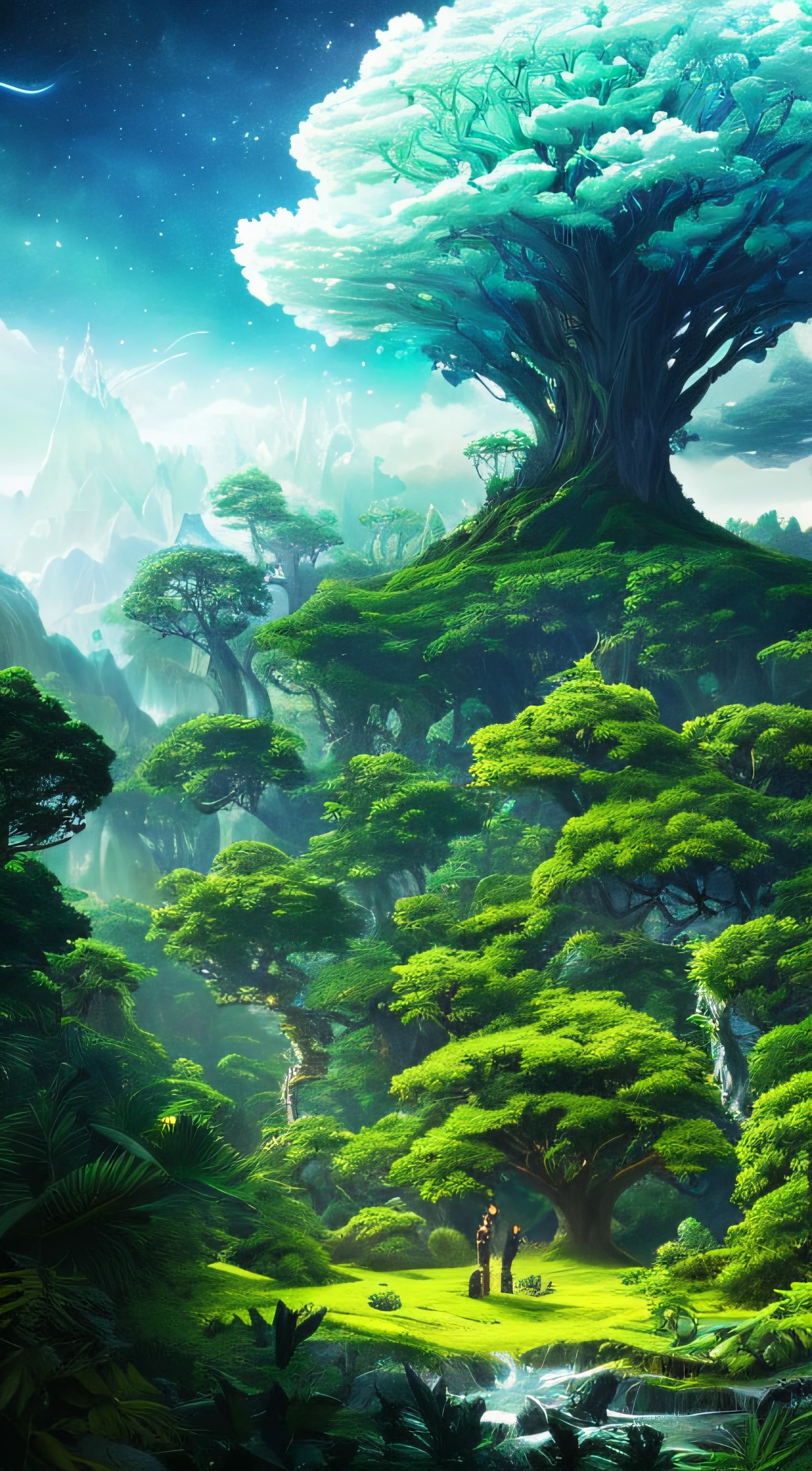 Illustration of a surreal, otherworldly, hyper sky scene including a giant crystal tree full body, highly detailed and magical lighting, intricate forest details, vegetation and surrounding river, solar punk, landscape, giant tree , beautiful green leaves, beautiful lighting and realistic proportions, as if this is a movie background, 8k, highest quality, masterpiece, clouds and stars in the sky.