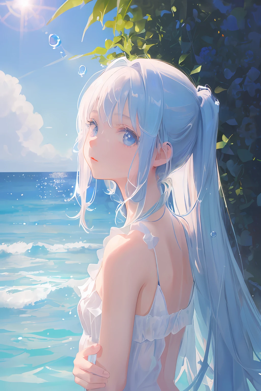 art by Cornflower, dreamy
(a girl who was ite and had beautiful detailed eyes. The depth of field in the photo was perfect, and the lens flare added a nice touch. The finely detailed features of her face really stood out, and the score for this photo was definitely greater than 10. In the background, there was a beautiful ocean with crystal clear water and water droplets on the surface. It was a stunning photo that really captured the beauty of the girl and the water.)
