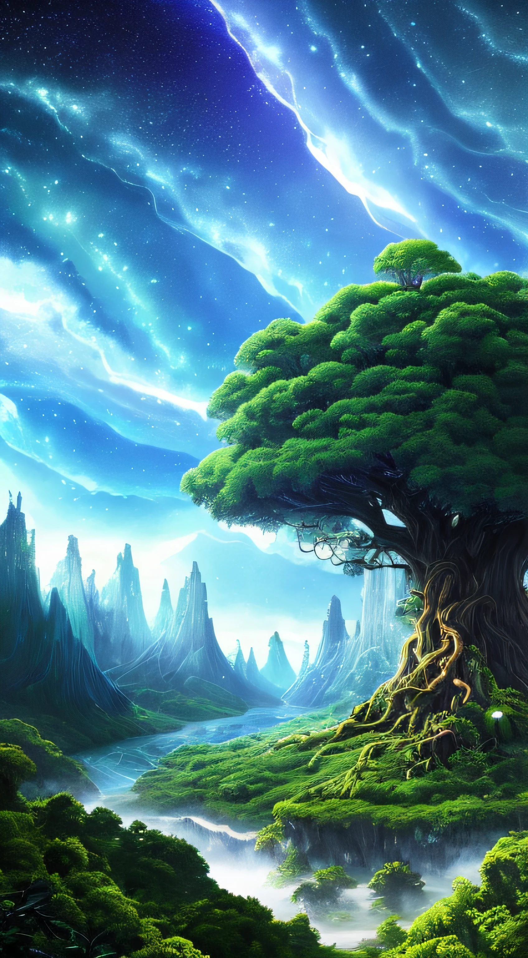Illustration of a surreal, otherworldly, hyper sky scene including a giant crystal tree full body, highly detailed and magical lighting, intricate forest details, vegetation and surrounding river, solar punk, landscape, giant tree , beautiful green leaves, beautiful lighting and realistic proportions, as if this is a movie background, 8k, highest quality, masterpiece, clouds and stars in the sky.