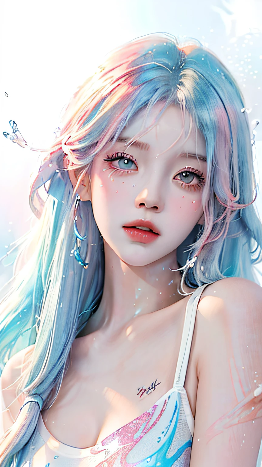 (Masterpiece, Best Quality, High Resolution), White Background, Acrylic Paint, ((Color Splash, Splash of Ink, Color Splash)), Sweet Chinese Girl, Long Light Blue Hair, [Light Blue|Pink] Hair, Curly Hair, Glitter, Peach Lips, White Shirt, Front, Upper Body
