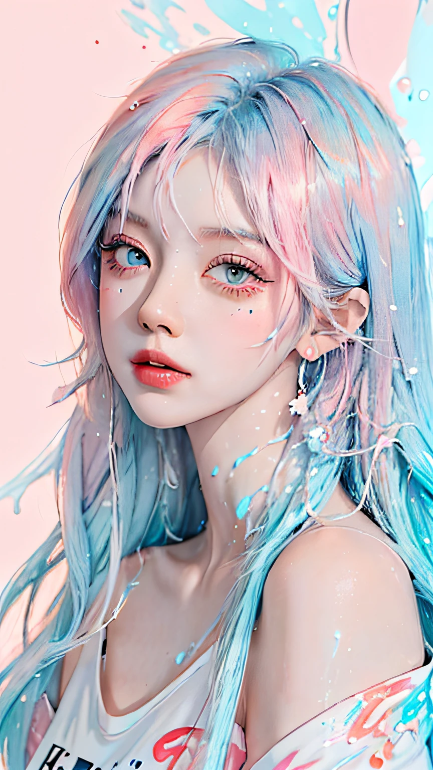 (Masterpiece, Best Quality, High Resolution), White Background, Acrylic Paint, ((Color Splash, Splash of Ink, Color Splash)), Sweet Chinese Girl, Long Light Blue Hair, [Light Blue|Pink] Hair, Curly Hair, Glitter, Peach Lips, White Shirt, Front, Upper Body