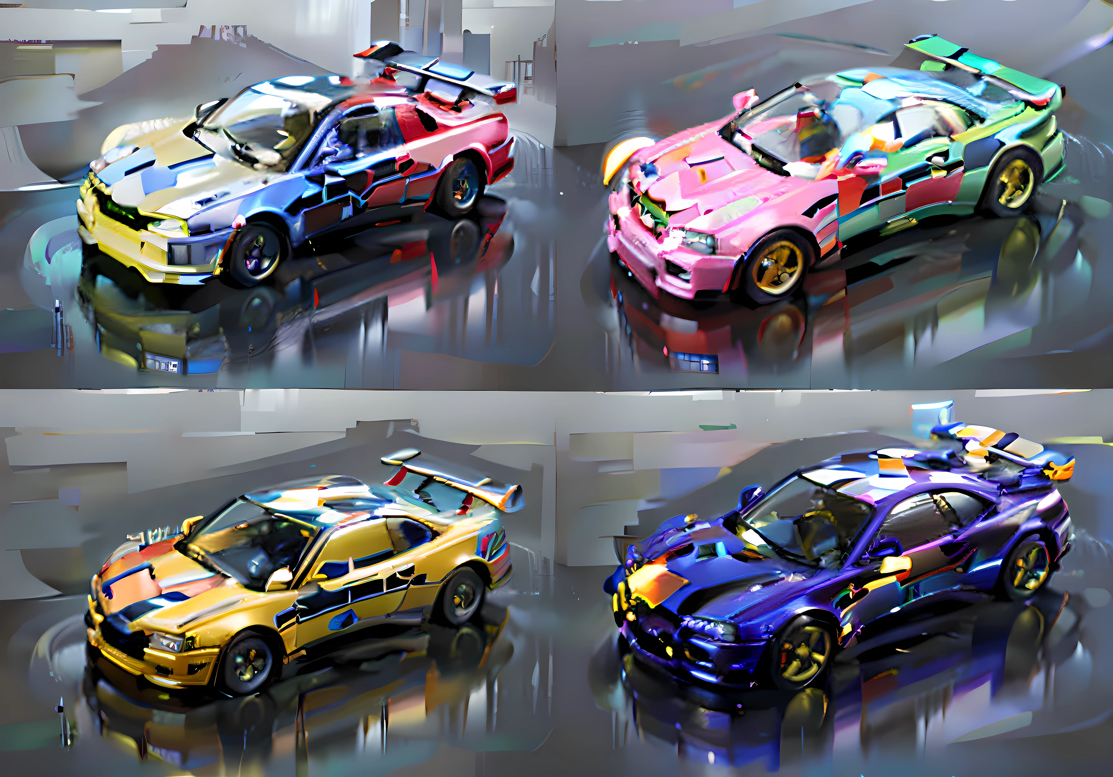 Four toy cars, no gradien, voxels, 3 d rendered, 4 colors, 4 colors!!!, toy design, fully colored, super detailed color lowpoly art, Hyper - detailed, Hyper-detailed, The Car, high - poly, Transformers toys, exploded view!!, legos, subtle color variations
