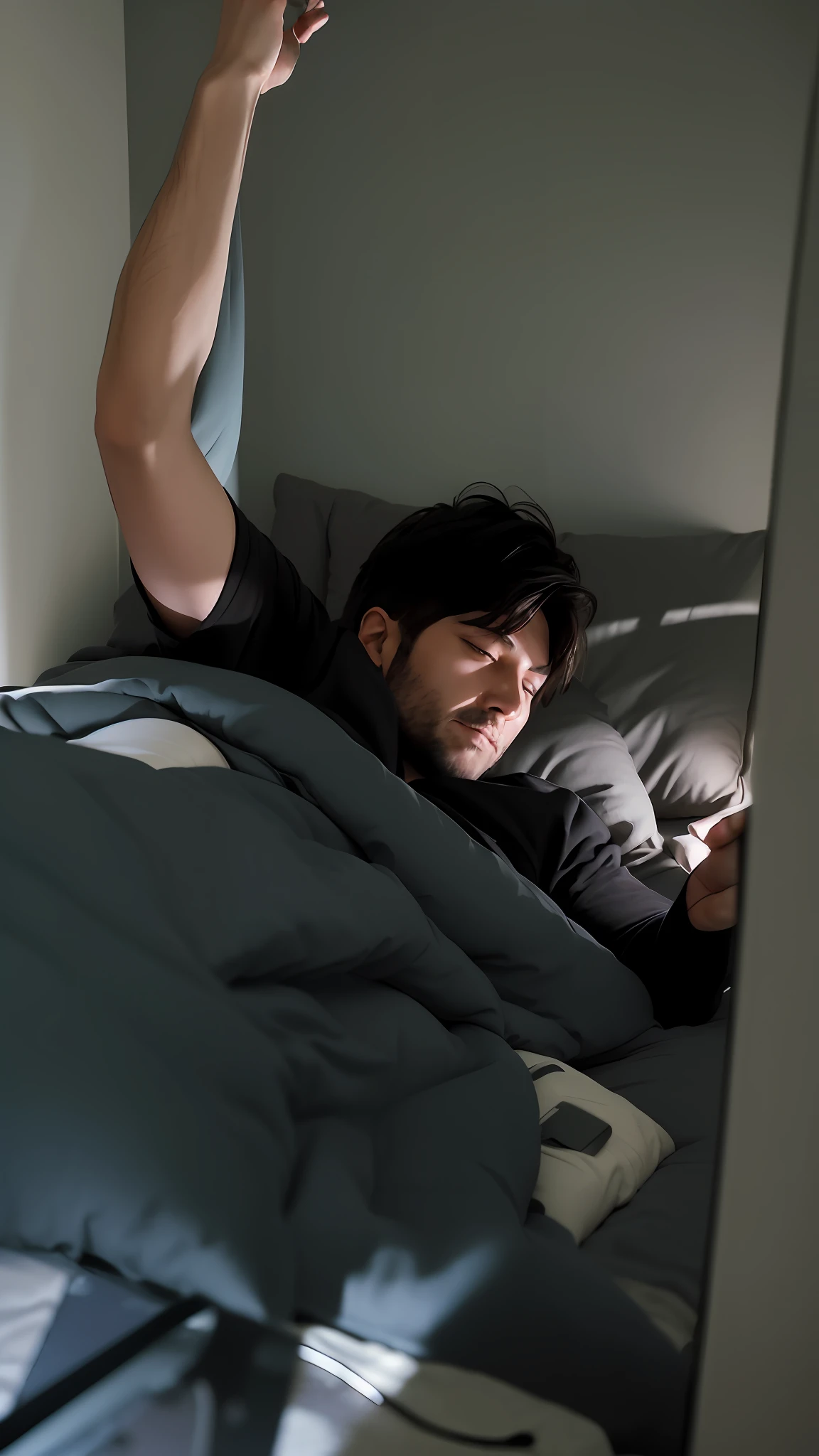 there is a man laying in bed with a cell phone, 3 am, 3am, (((Low light))), Lie down in bed, Listen to music at 2 a.m, Lying in bed, looking at his phone, calm evening. over the shoulder shot, someone sits in bed, lying at the bed, narrow, deep in the night, leaked photo, posing in bed